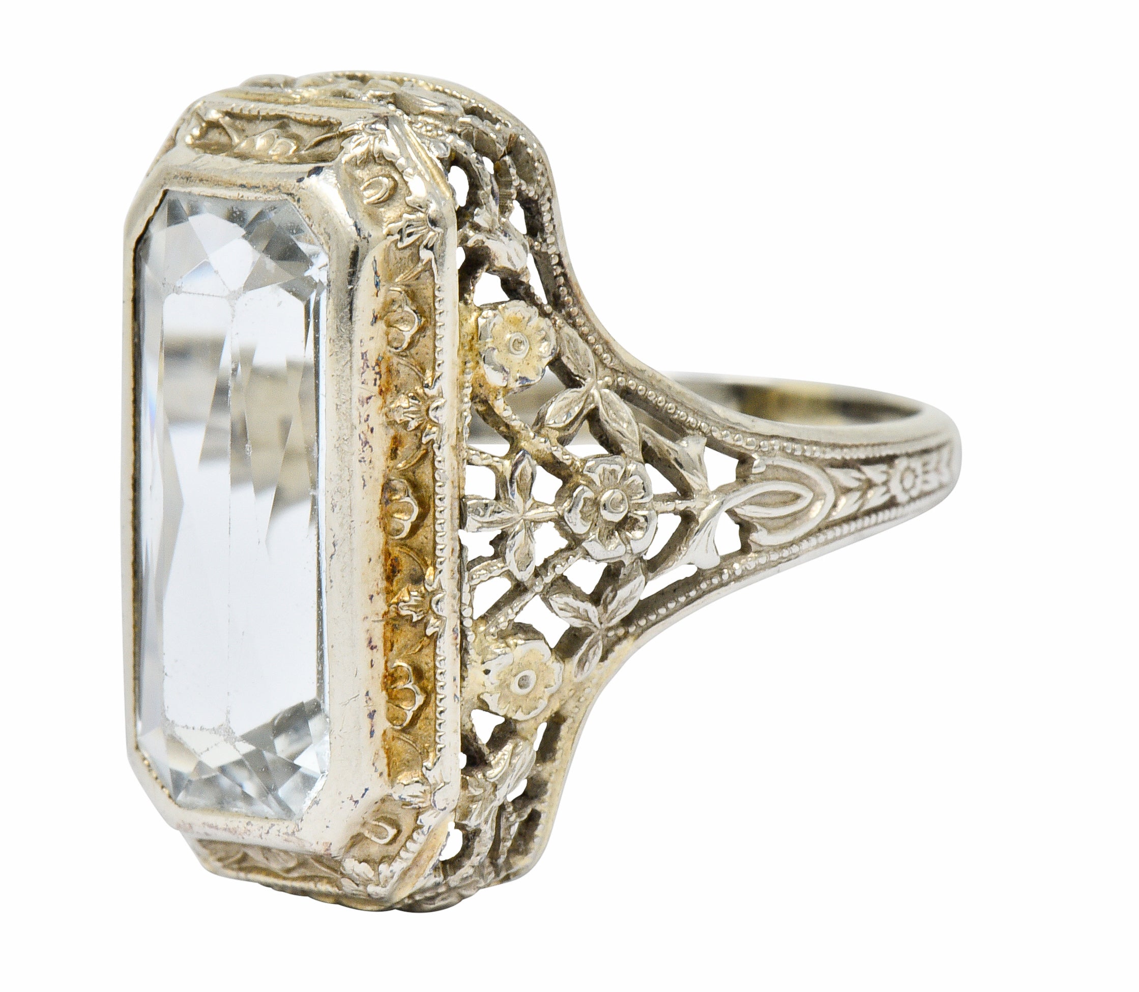 Early Art Deco Aquamarine 14 Karat White Gold Floral Lace RingRing - Wilson's Estate Jewelry