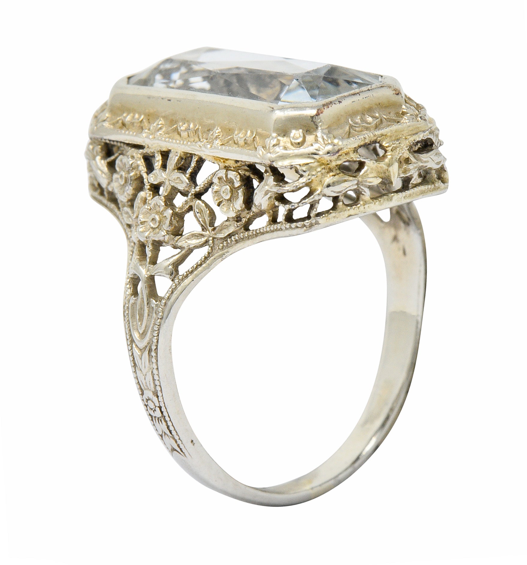 Early Art Deco Aquamarine 14 Karat White Gold Floral Lace RingRing - Wilson's Estate Jewelry