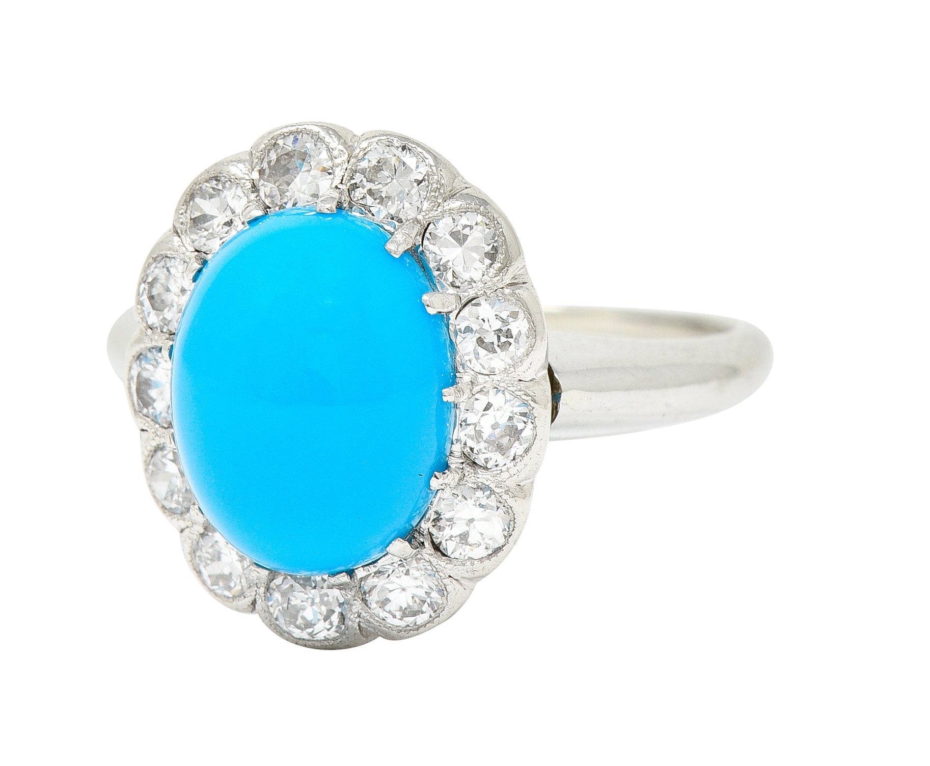 Art Deco Old European Cut Diamond Turquoise Cabochon Foliate 14 Karat White Gold Ring Wilson's Estate Jewelry