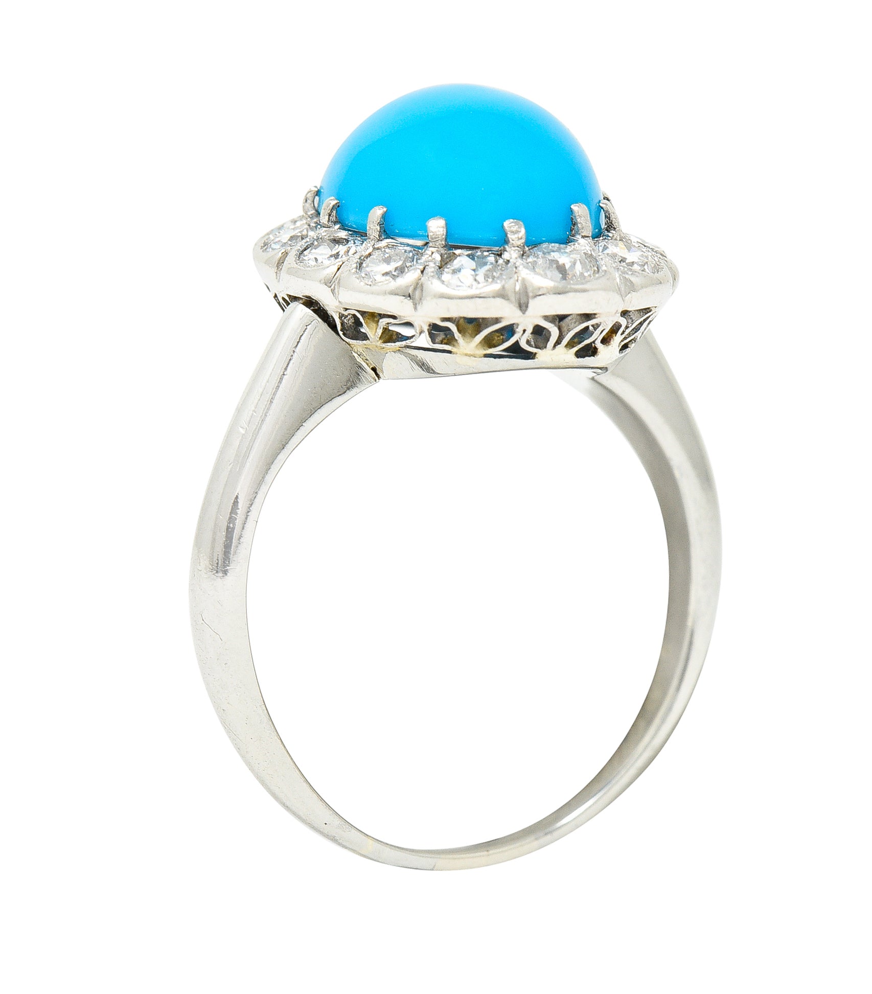 Art Deco Old European Cut Diamond Turquoise Cabochon Foliate 14 Karat White Gold Ring Wilson's Estate Jewelry