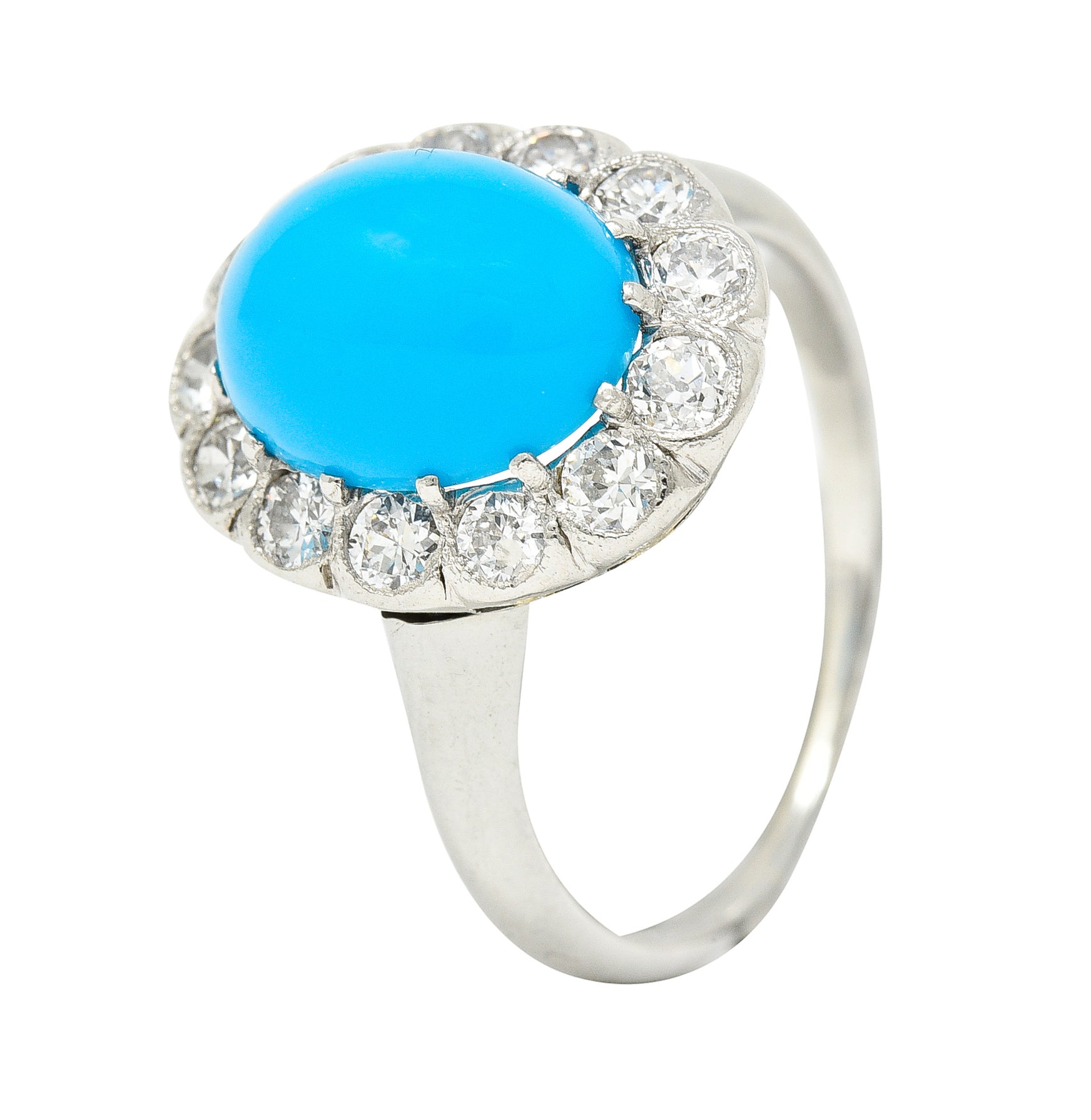 Art Deco Old European Cut Diamond Turquoise Cabochon Foliate 14 Karat White Gold Ring Wilson's Estate Jewelry