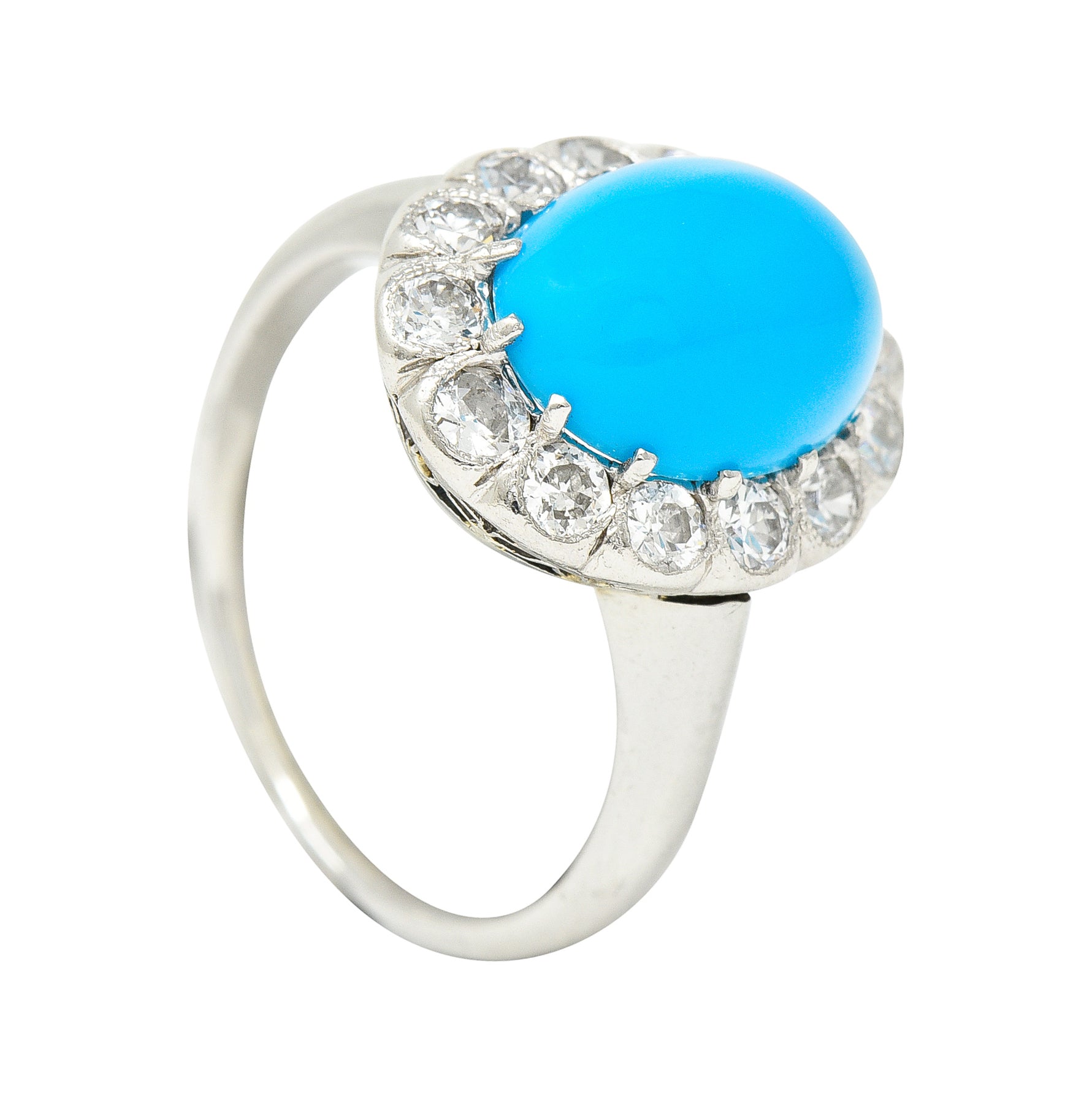 Art Deco Old European Cut Diamond Turquoise Cabochon Foliate 14 Karat White Gold Ring Wilson's Estate Jewelry