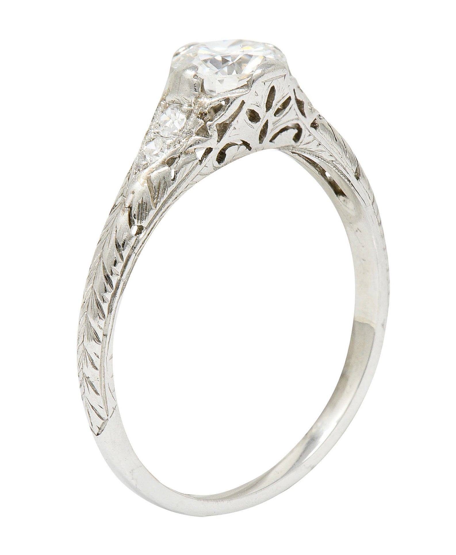 Edwardian 0.70 CTW Diamond Platinum Foliate Engagement RingRing - Wilson's Estate Jewelry