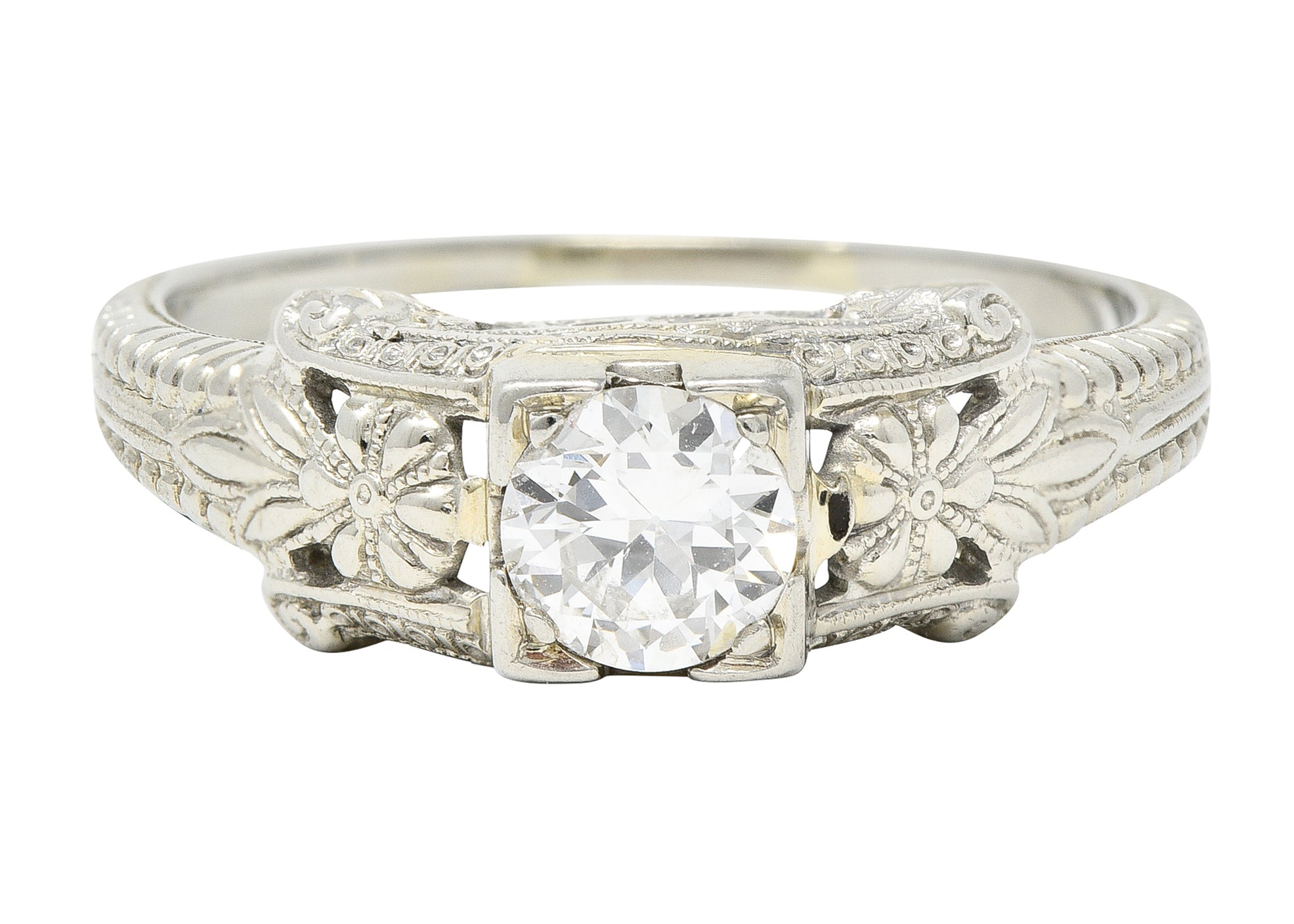 Art Deco 0.45 CTW Old European Cut Diamond 18 Karat White Gold Orange Blossom Engagement Ring Wilson's Estate Jewelry