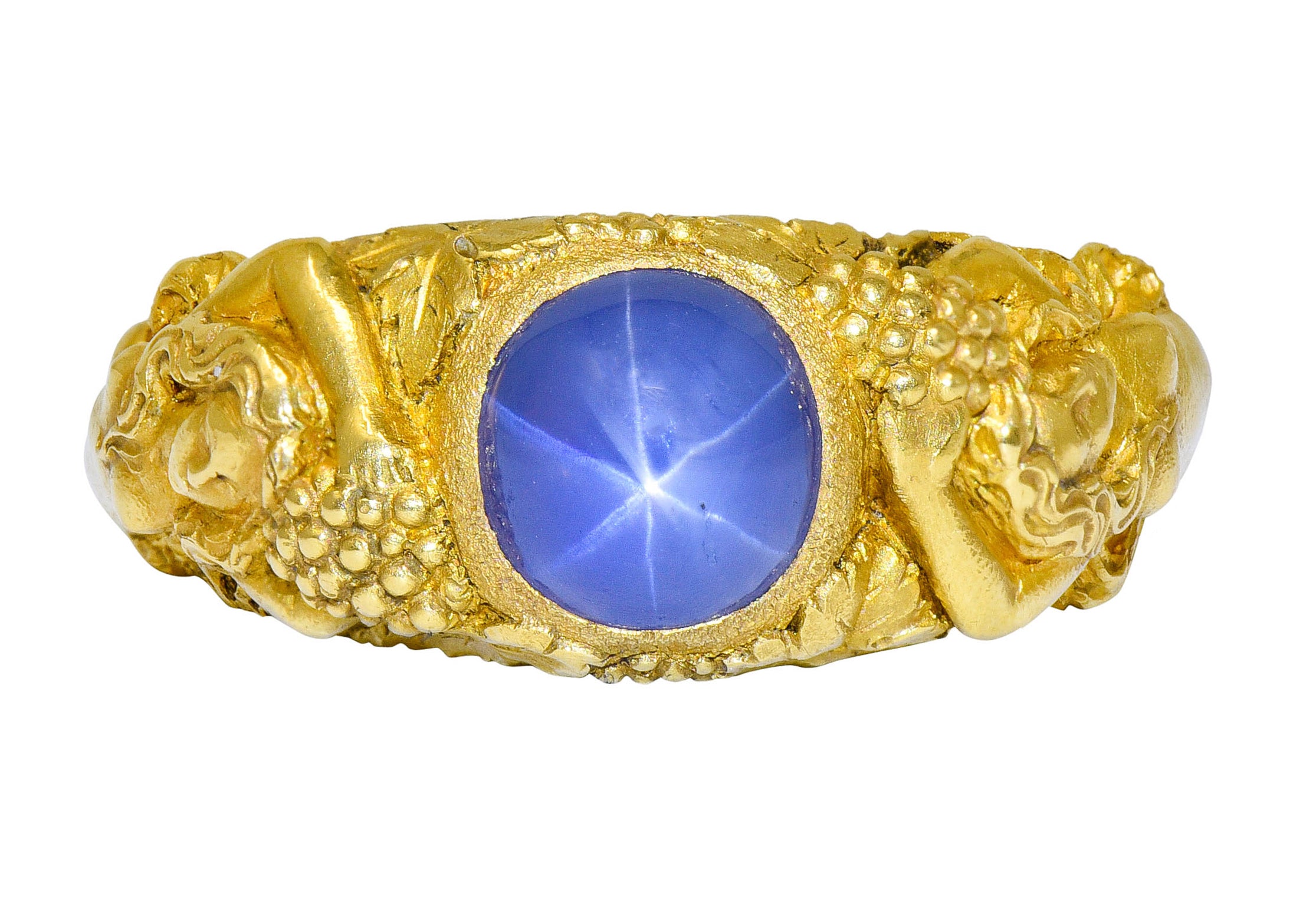 Outstanding Tiffany & Co. Art Nouveau Star Sapphire 18 Karat Gold Bacchantes Unisex Men’s RingRing - Wilson's Estate Jewelry