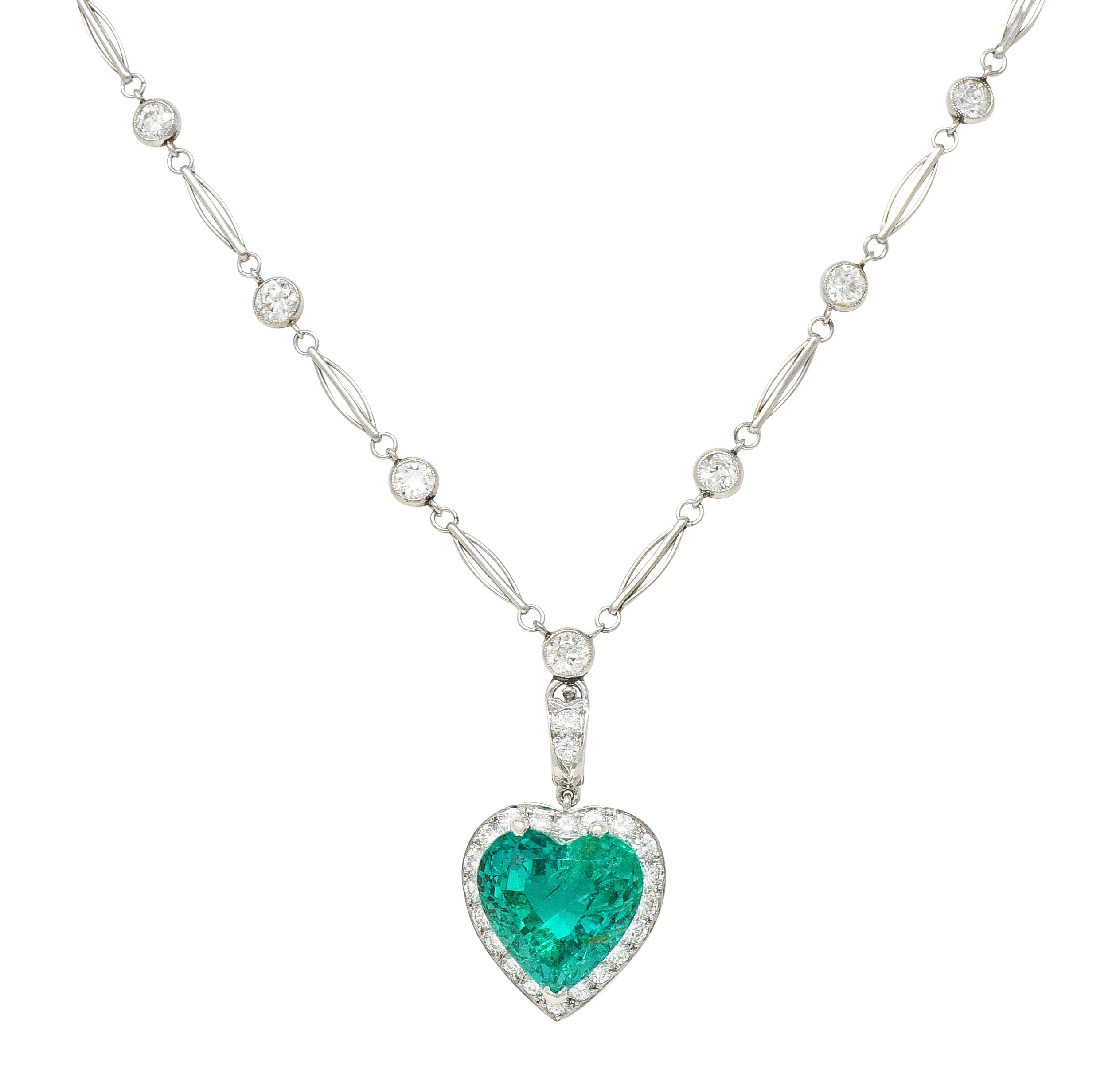 Vintage 14.64 CTW Heart Cut Colombian Emerald Diamond Platinum Pendant Necklace