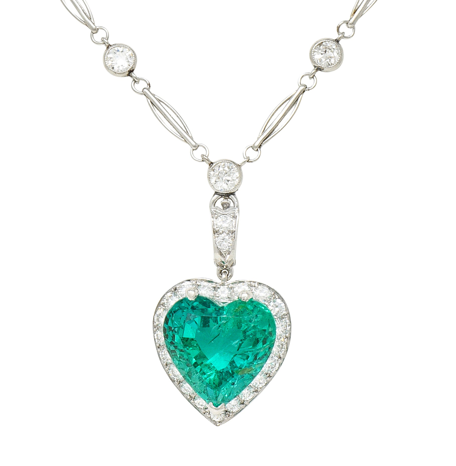 Vintage 14.64 CTW Heart Cut Colombian Emerald Diamond Platinum Pendant Necklace