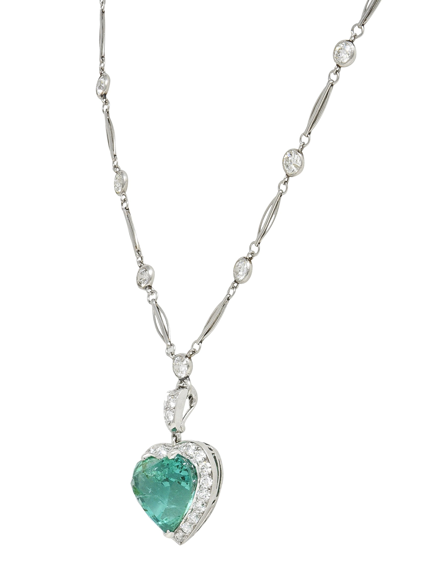 Vintage 14.64 CTW Heart Cut Colombian Emerald Diamond Platinum Pendant Necklace