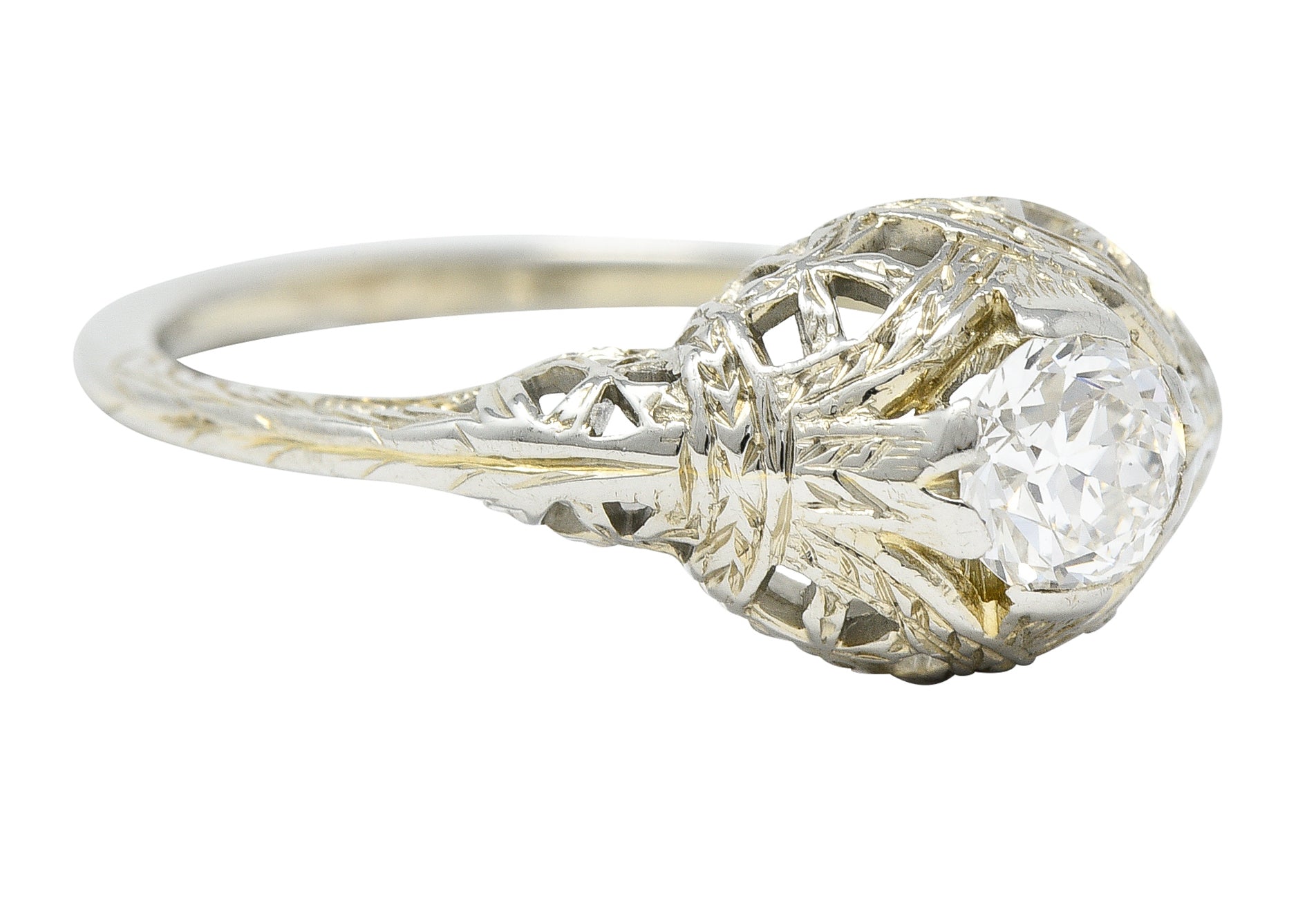 Art Deco 0.39 CTW Old European Cut Diamond 18 Karat White Gold Woven Wheat Engagement Ring Wilson's Estate Jewelry