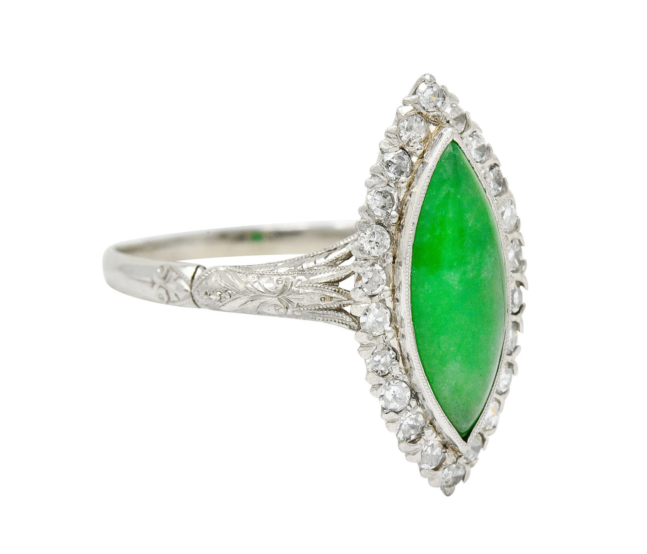 1930's Art Deco Jade Diamond Platinum Navette Cluster RingRing - Wilson's Estate Jewelry