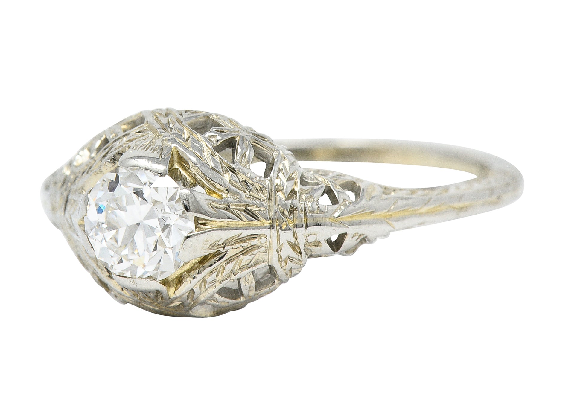 Art Deco 0.39 CTW Old European Cut Diamond 18 Karat White Gold Woven Wheat Engagement Ring Wilson's Estate Jewelry