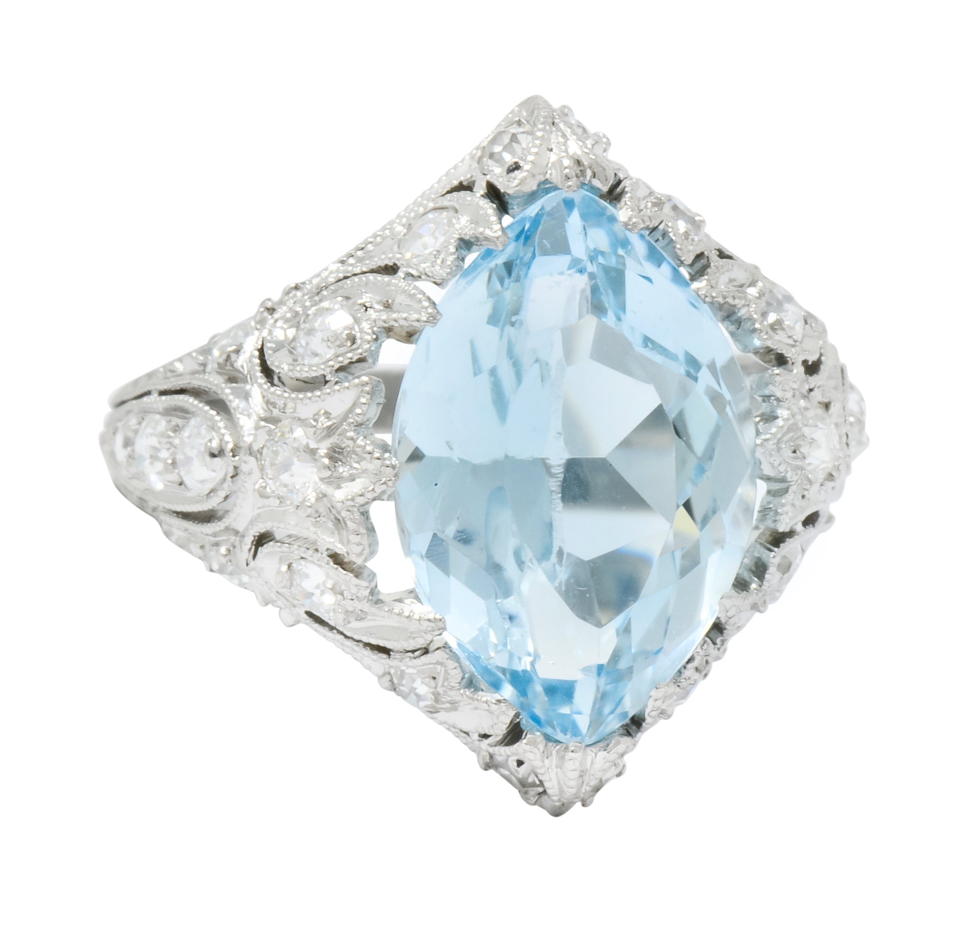 Edwardian Bailey Banks & Biddle 2.83 CTW Aquamarine Diamond Platinum Navette Ring - Wilson's Estate Jewelry