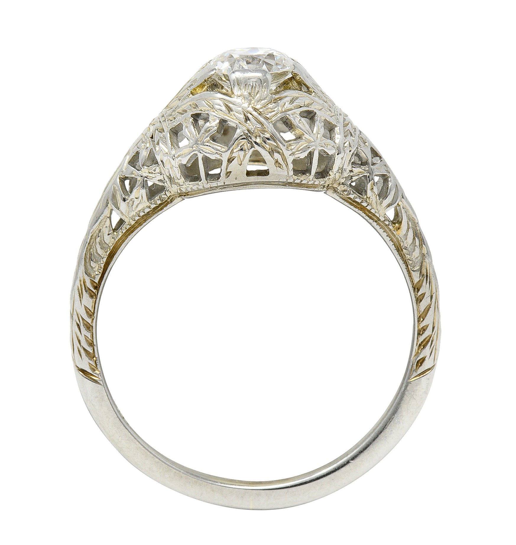 Art Deco 0.39 CTW Old European Cut Diamond 18 Karat White Gold Woven Wheat Engagement Ring Wilson's Estate Jewelry