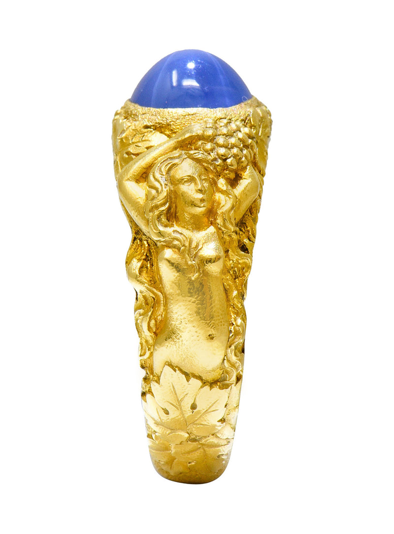 Outstanding Tiffany & Co. Art Nouveau Star Sapphire 18 Karat Gold Bacchantes Unisex Men’s RingRing - Wilson's Estate Jewelry