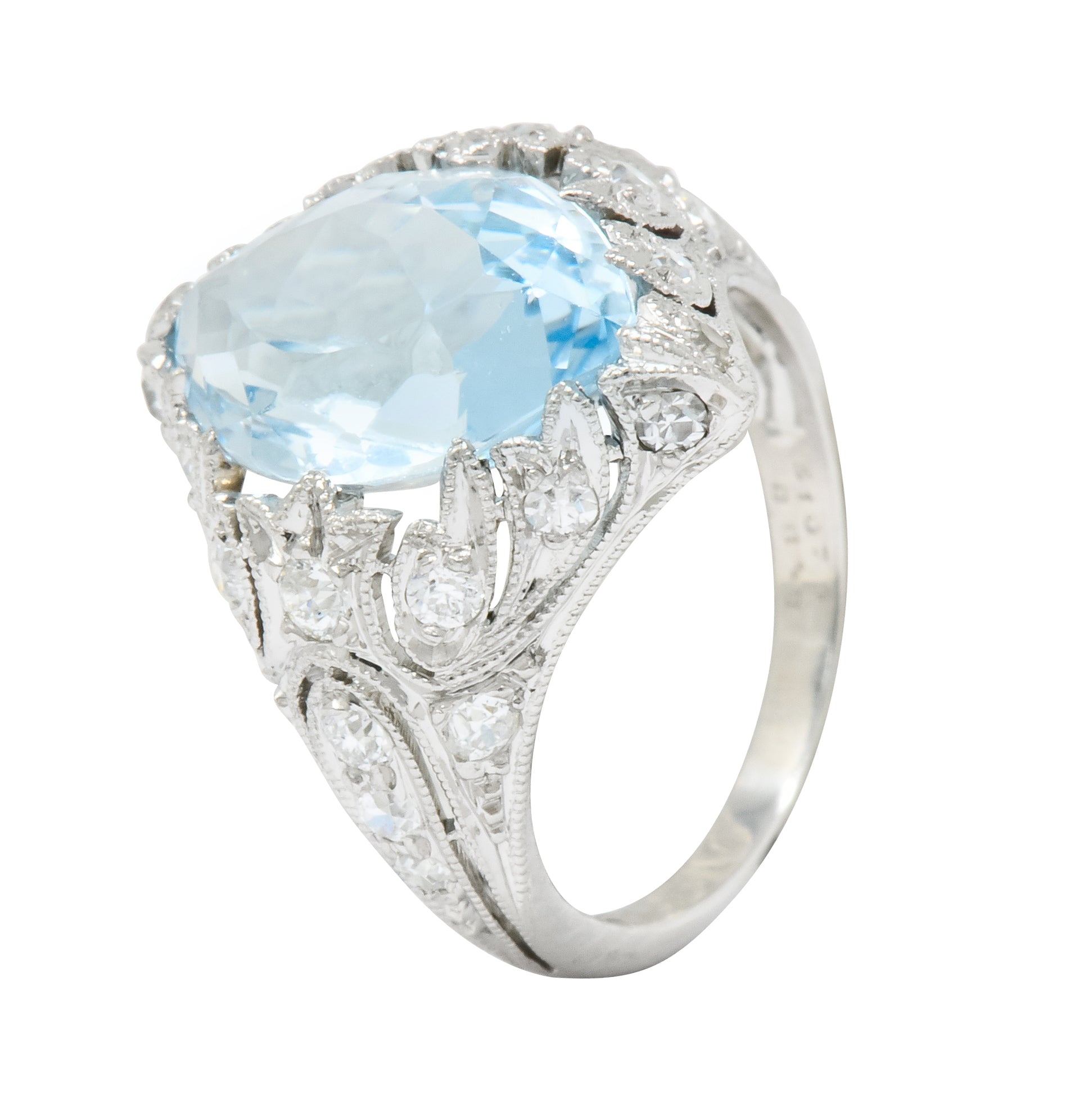 Edwardian Bailey Banks & Biddle 2.83 CTW Aquamarine Diamond Platinum Navette Ring - Wilson's Estate Jewelry