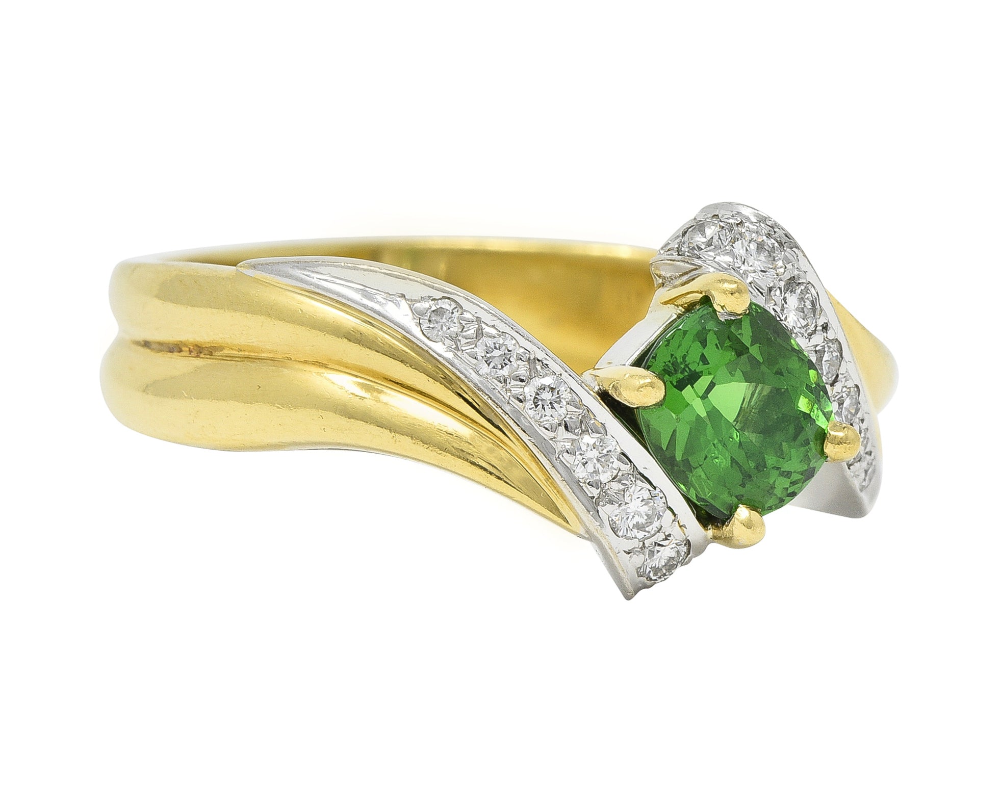 1980s 1.65 CTW Tsavorite Garnet Diamond 18 Karat Two-Tone Gold Bypass Ring