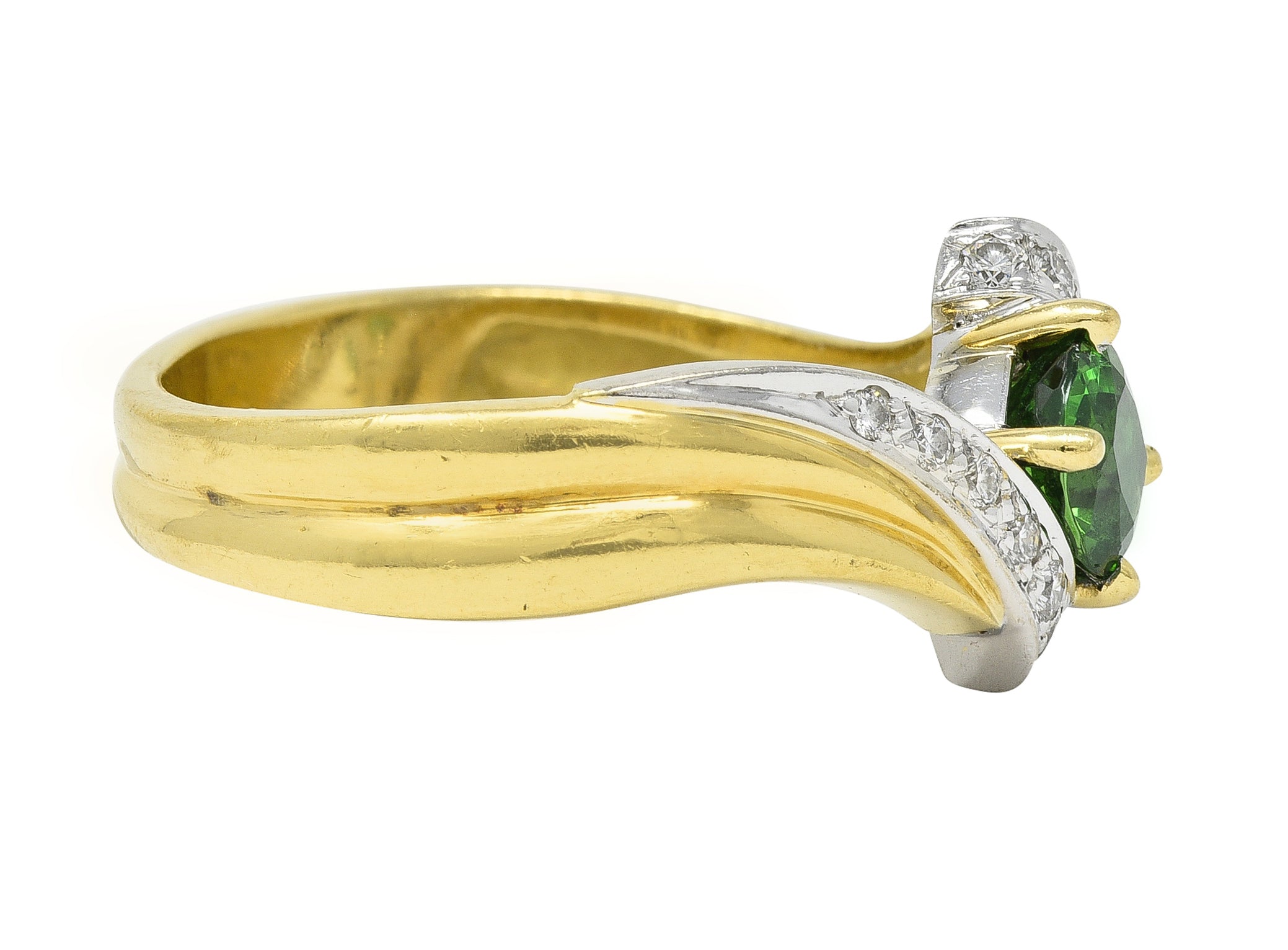 1980s 1.65 CTW Tsavorite Garnet Diamond 18 Karat Two-Tone Gold Bypass Ring