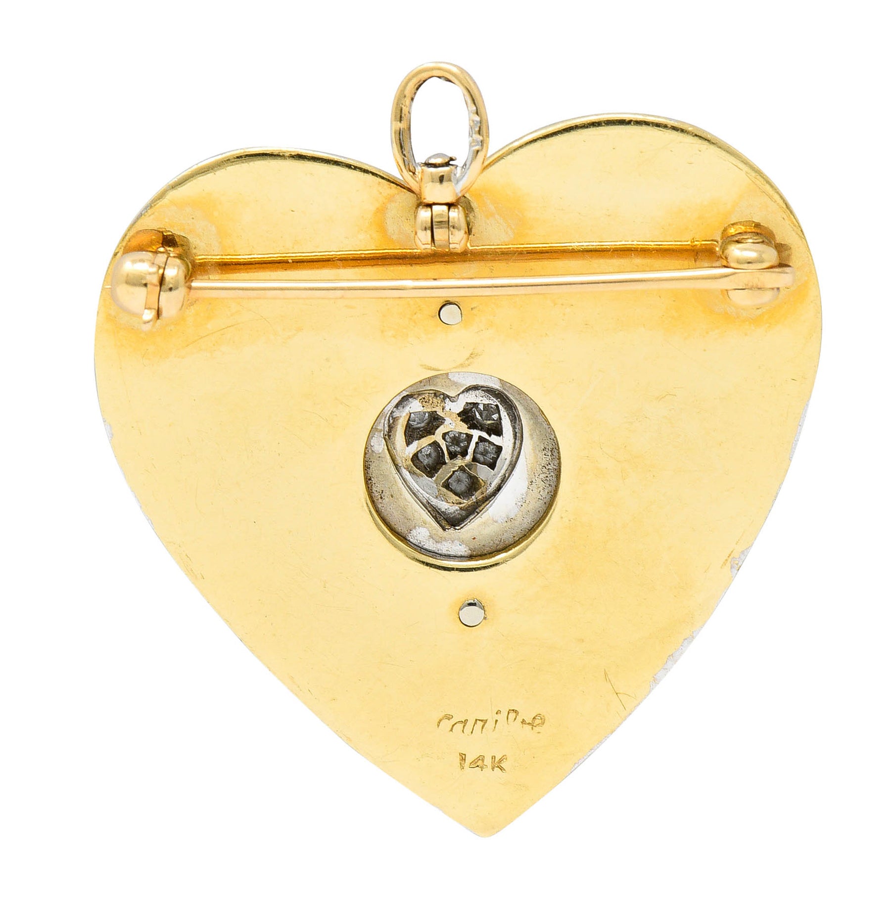 1950's Mid-Century Diamond Enamel Platinum 14 Karat Gold Heart Pendant Brooch - Wilson's Estate Jewelry