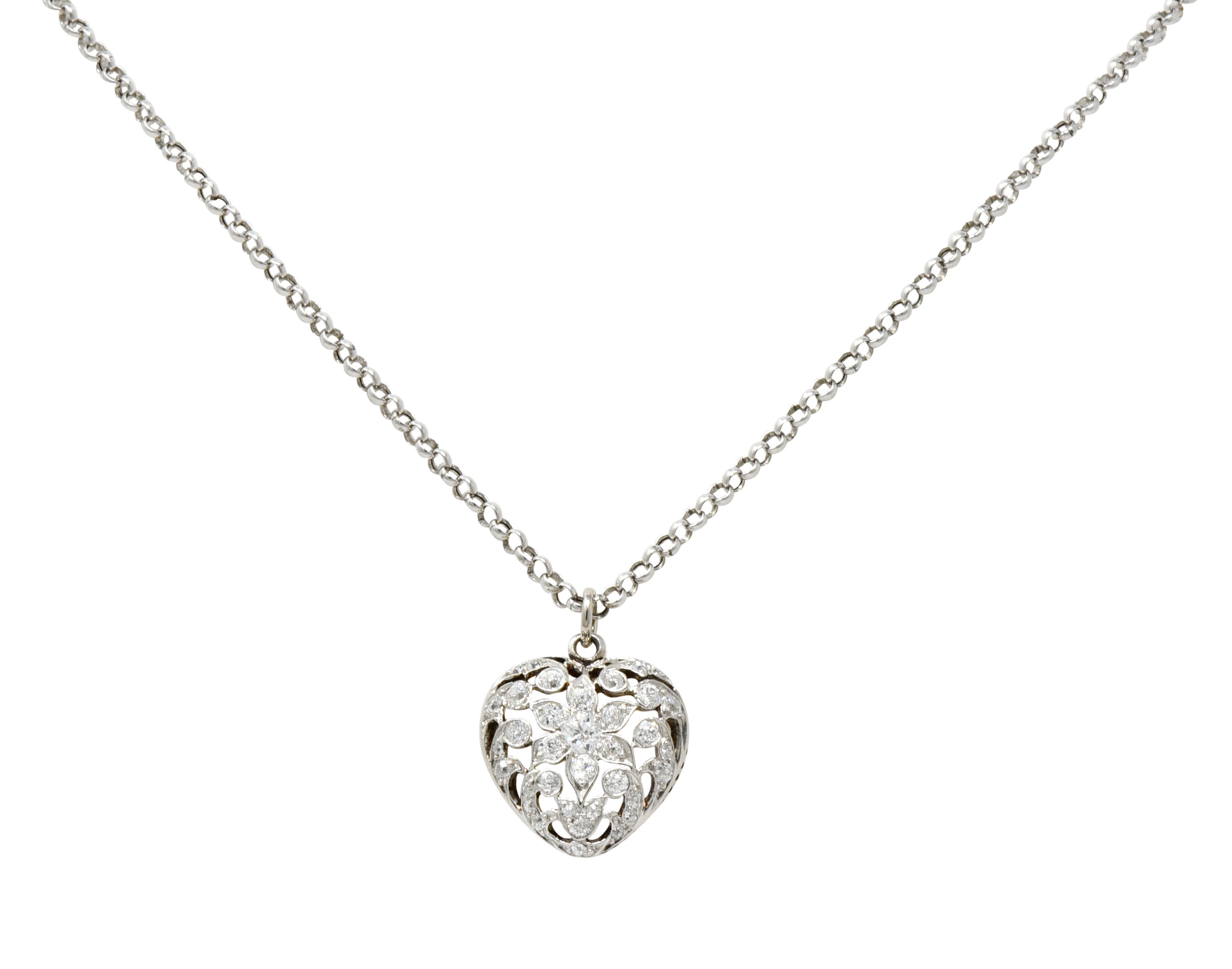 Edwardian 1.05 CTW Diamond Platinum-Topped 14 Karat White Gold Heart Pendant Necklace - Wilson's Estate Jewelry