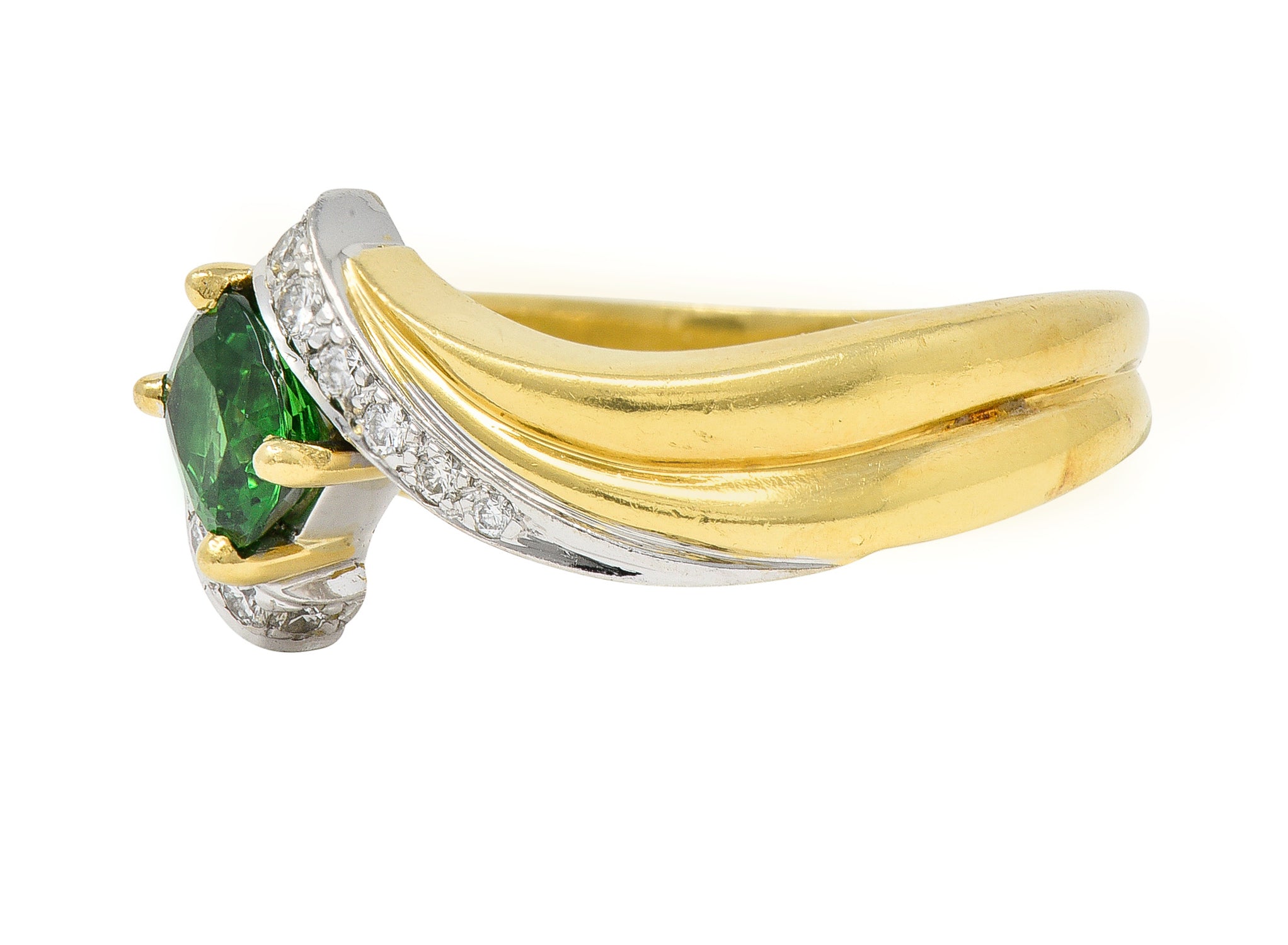 1980s 1.65 CTW Tsavorite Garnet Diamond 18 Karat Two-Tone Gold Bypass Ring