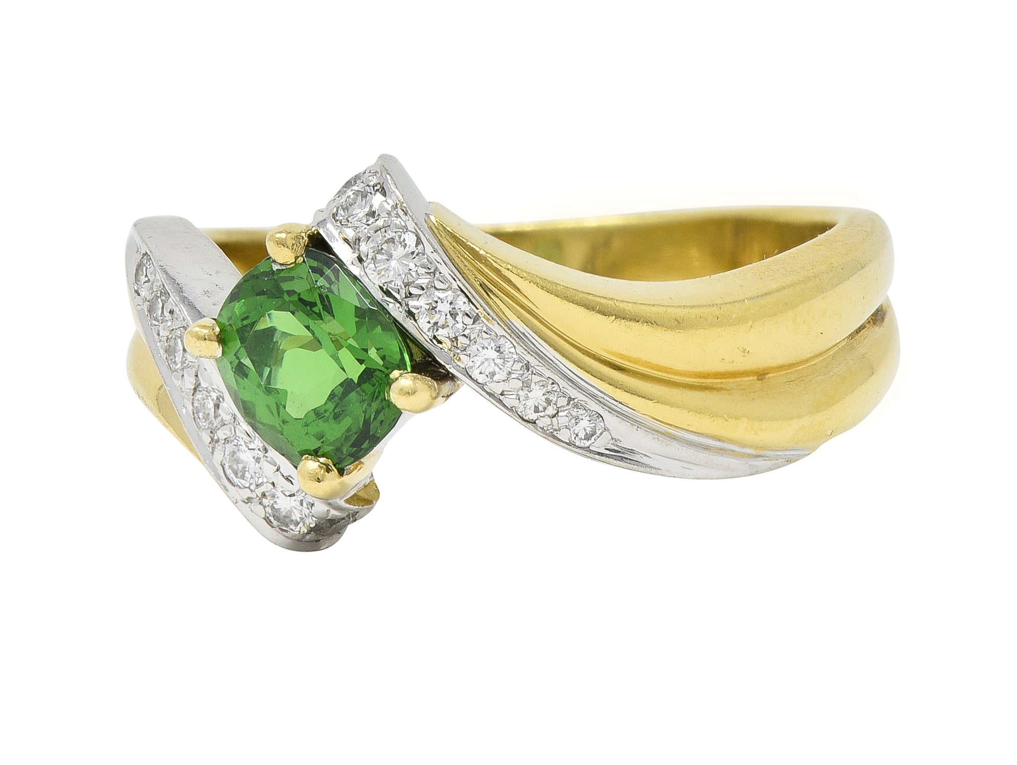 1980s 1.65 CTW Tsavorite Garnet Diamond 18 Karat Two-Tone Gold Bypass Ring