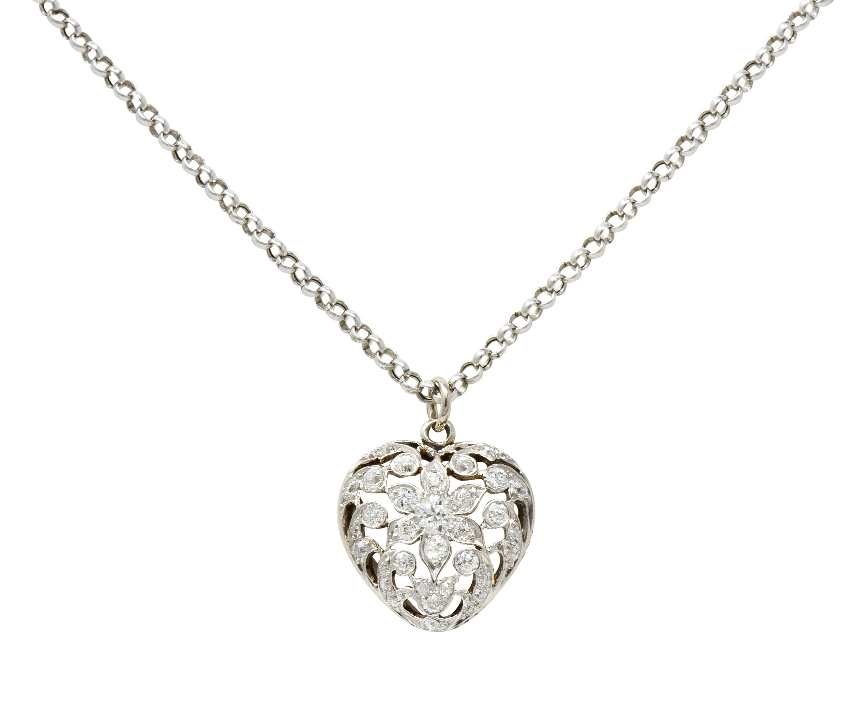 Edwardian 1.05 CTW Diamond Platinum-Topped 14 Karat White Gold Heart Pendant Necklace - Wilson's Estate Jewelry