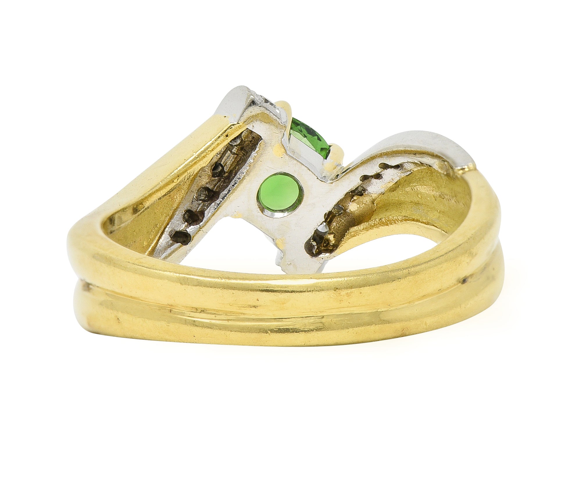 1980s 1.65 CTW Tsavorite Garnet Diamond 18 Karat Two-Tone Gold Bypass Ring