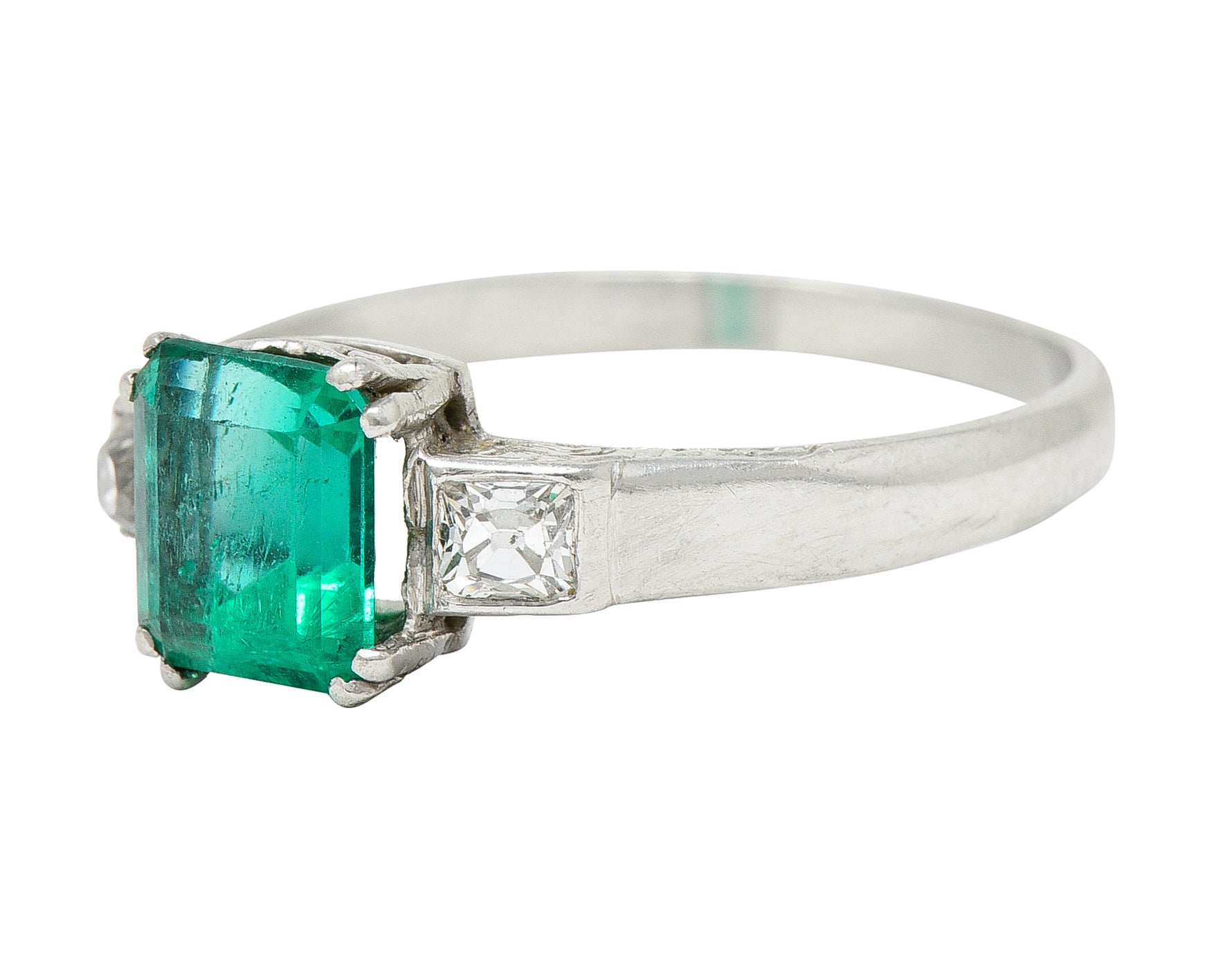 Art Deco 1.65 CTW Emerald Diamond Platinum Three Stone Ring Wilson's Estate Jewelry