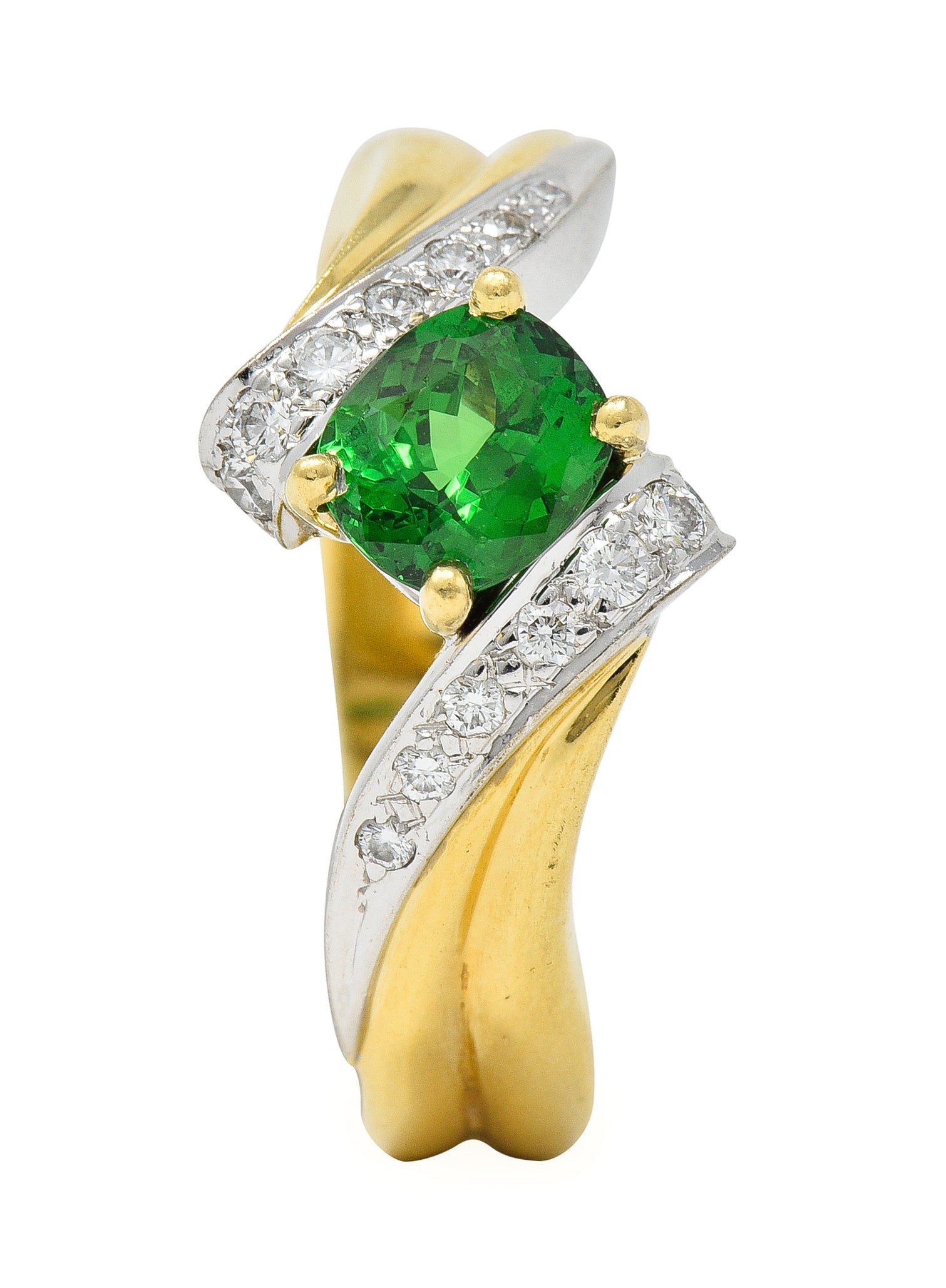 1980s 1.65 CTW Tsavorite Garnet Diamond 18 Karat Two-Tone Gold Bypass Ring