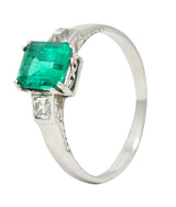 Art Deco 1.65 CTW Emerald Diamond Platinum Three Stone Ring Wilson's Estate Jewelry