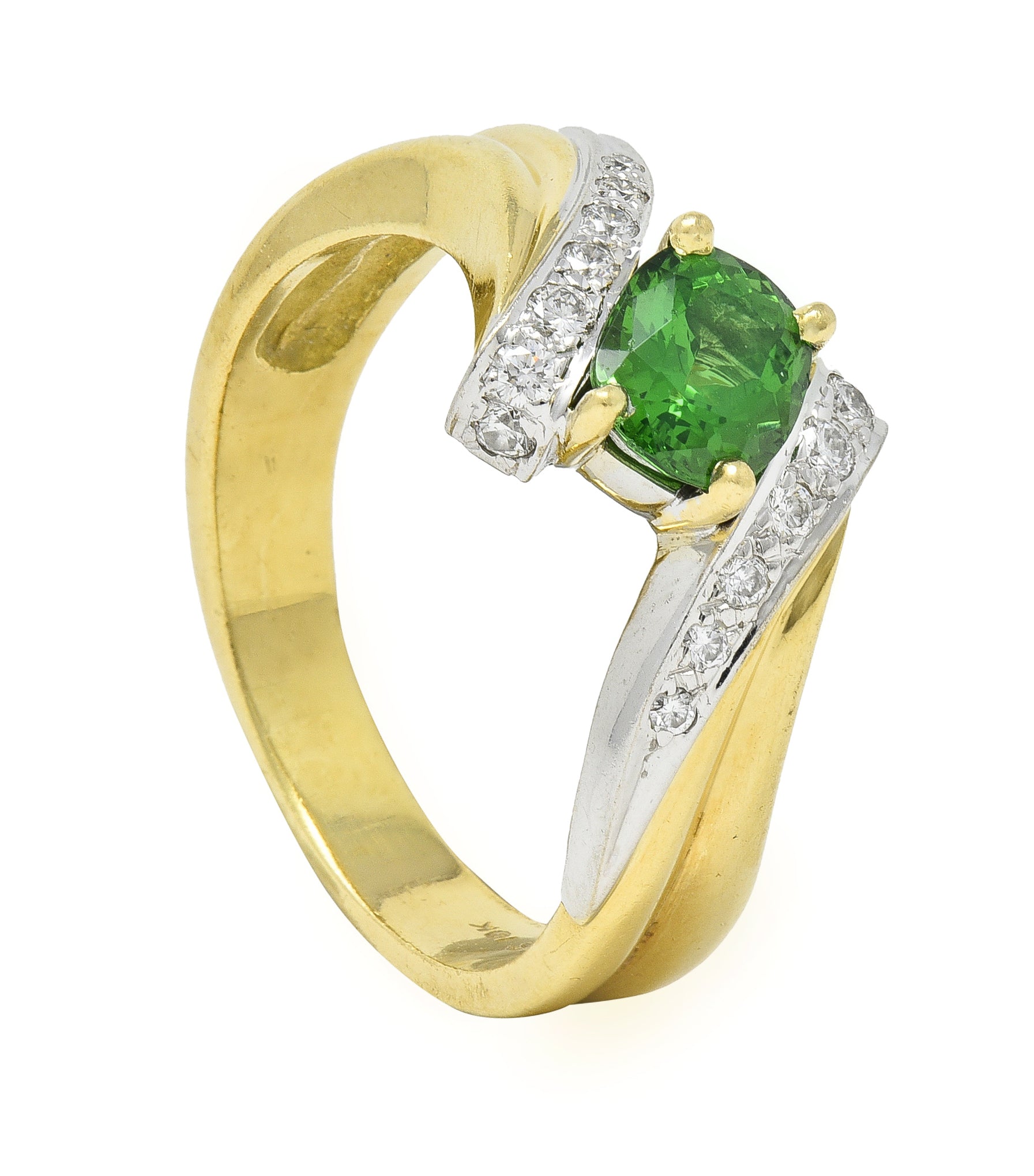 1980s 1.65 CTW Tsavorite Garnet Diamond 18 Karat Two-Tone Gold Bypass Ring