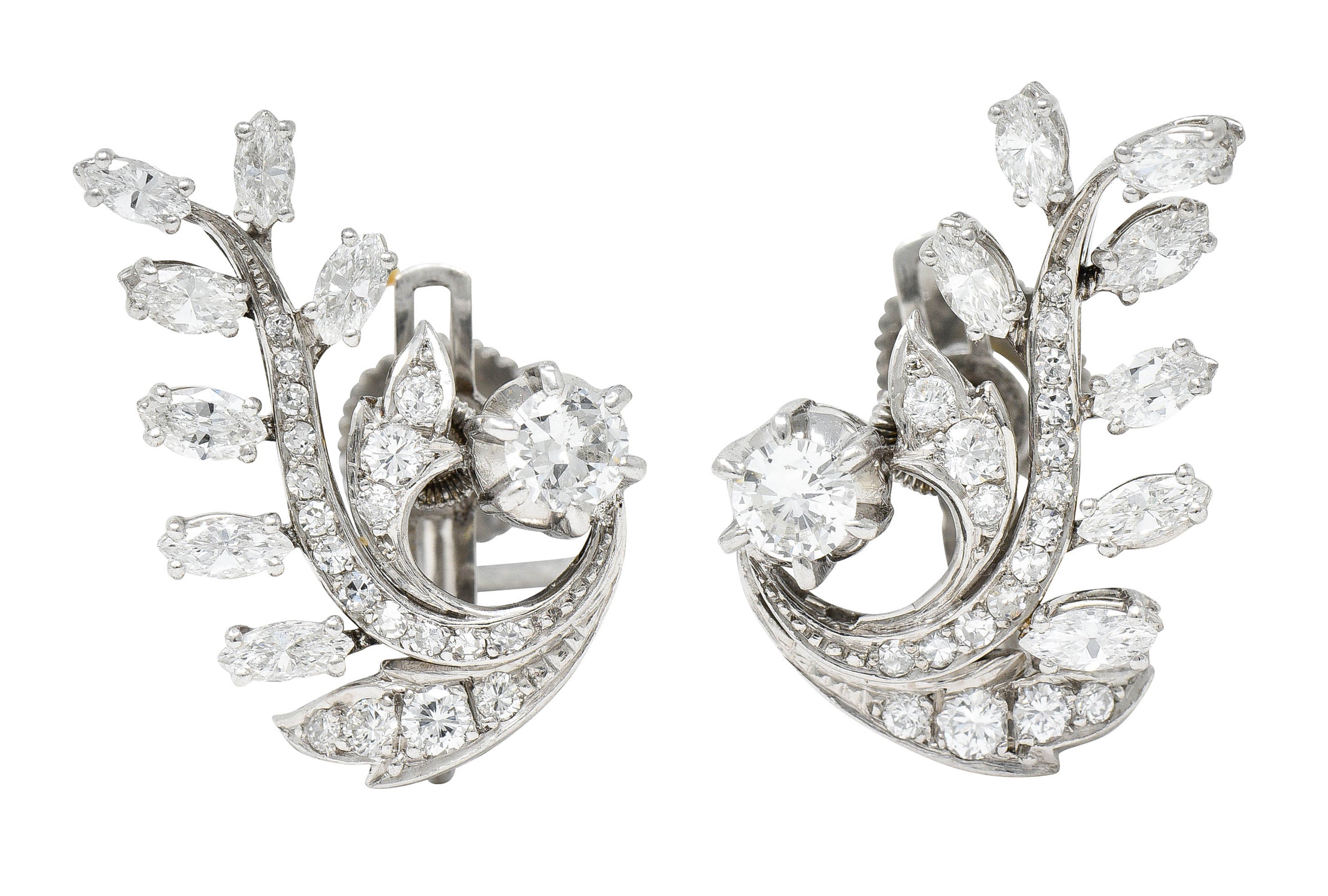 Mid-Century 2.65 CTW Diamond Platinum Foliate Screwback EarringsEarrings - Wilson's Estate Jewelry