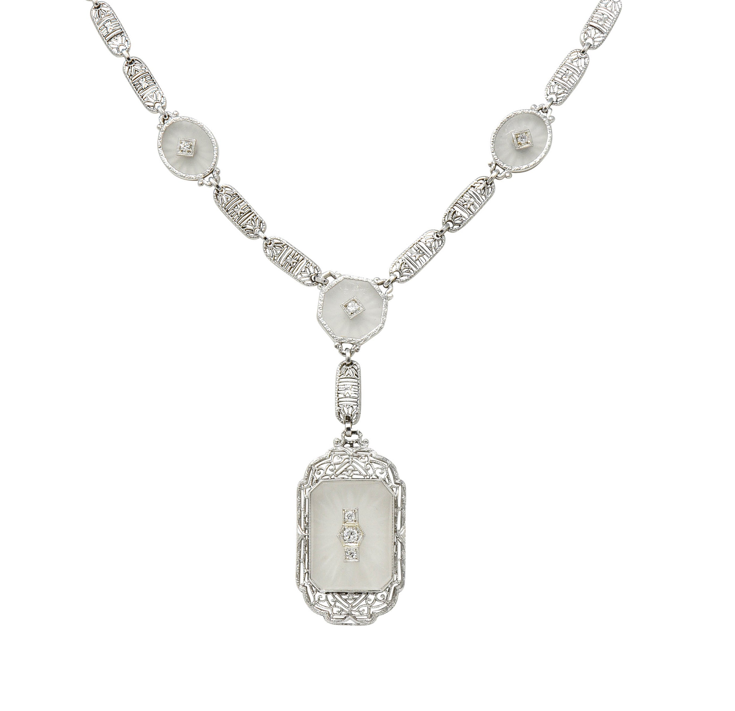 Early Art Deco Diamond Camphor Glass Platinum 14 Karat White Gold Drop NecklaceNecklace - Wilson's Estate Jewelry