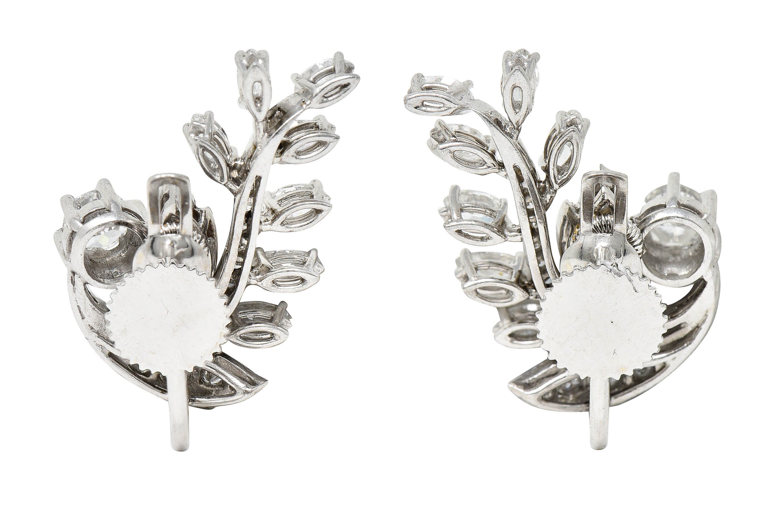 Mid-Century 2.65 CTW Diamond Platinum Foliate Screwback EarringsEarrings - Wilson's Estate Jewelry