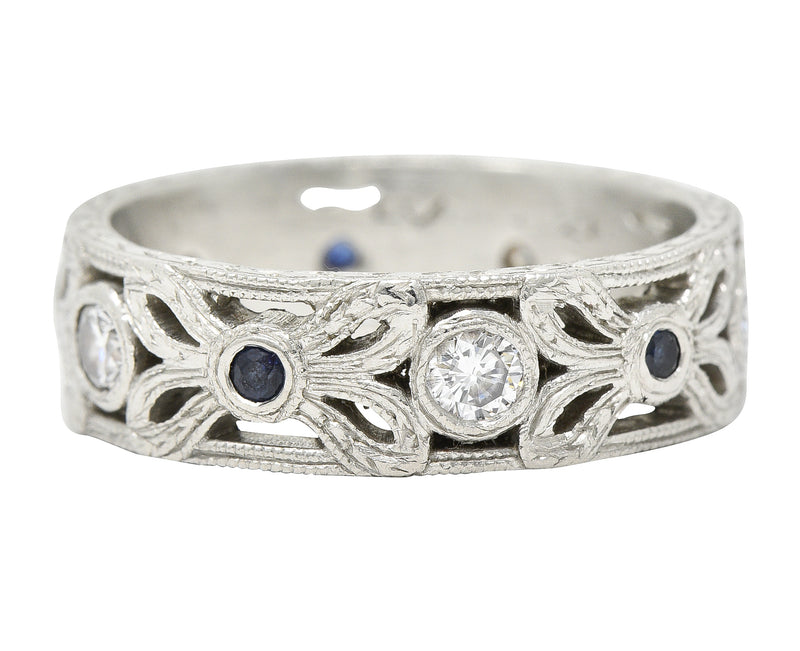 Mid-Century Diamond Sapphire Platinum Bow Wheat Band Ring Wilson's Estate Jewelry