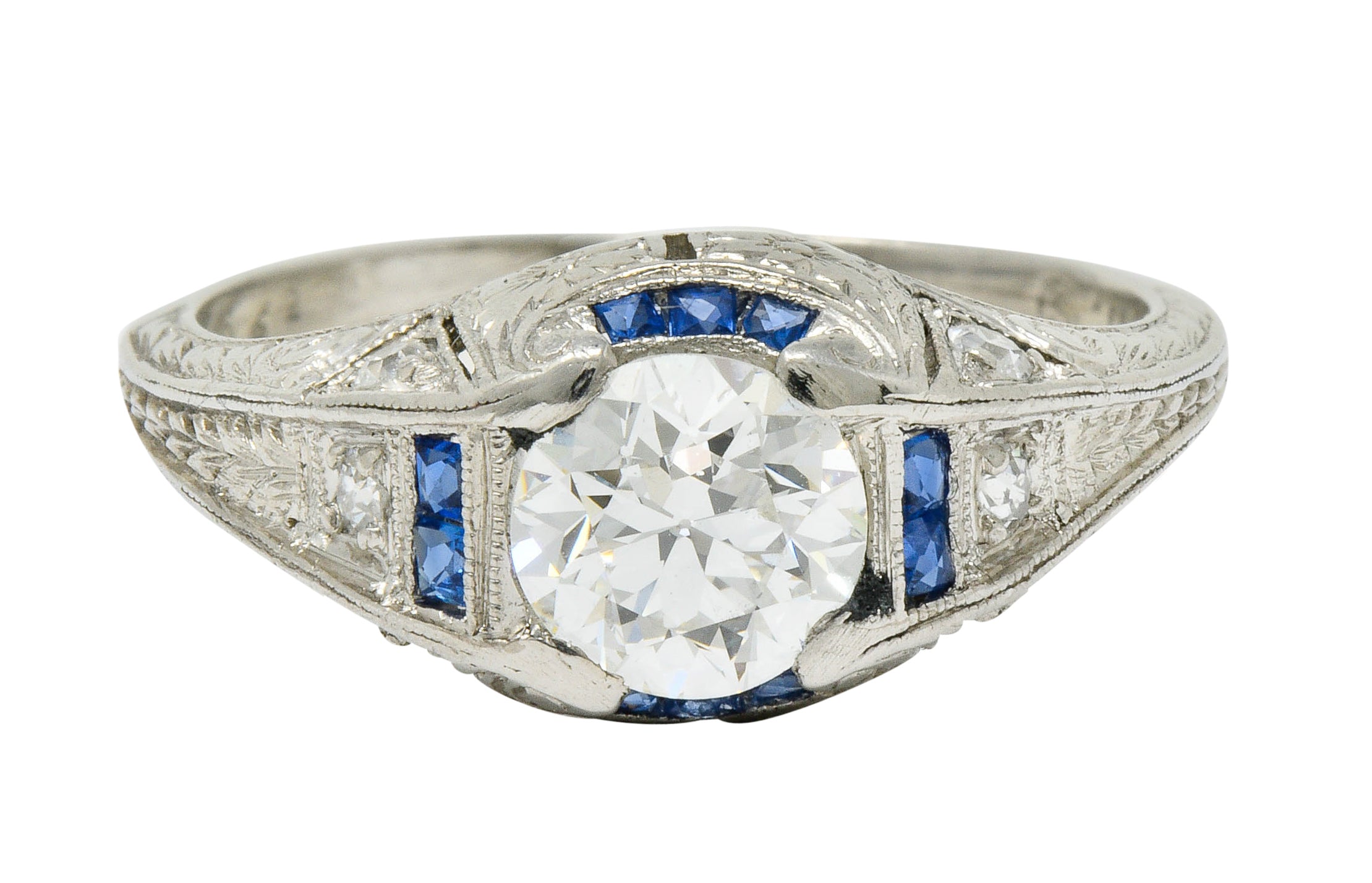 Art Deco 0.84 CTW Diamond Sapphire Platinum Floral Engagement RingRing - Wilson's Estate Jewelry