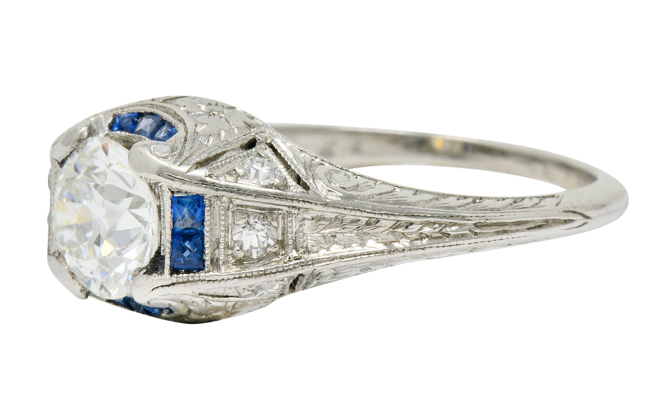 Art Deco 0.84 CTW Diamond Sapphire Platinum Floral Engagement RingRing - Wilson's Estate Jewelry