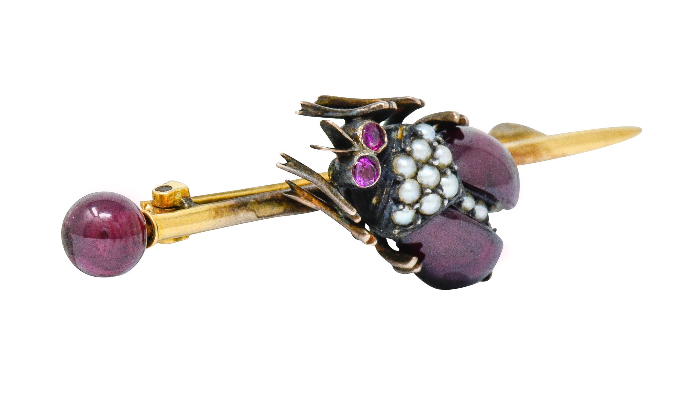 French Victorian Garnet Pearl Ruby Silver-Topped 18 Karat Gold Beetle Bar BroochBrooch - Wilson's Estate Jewelry