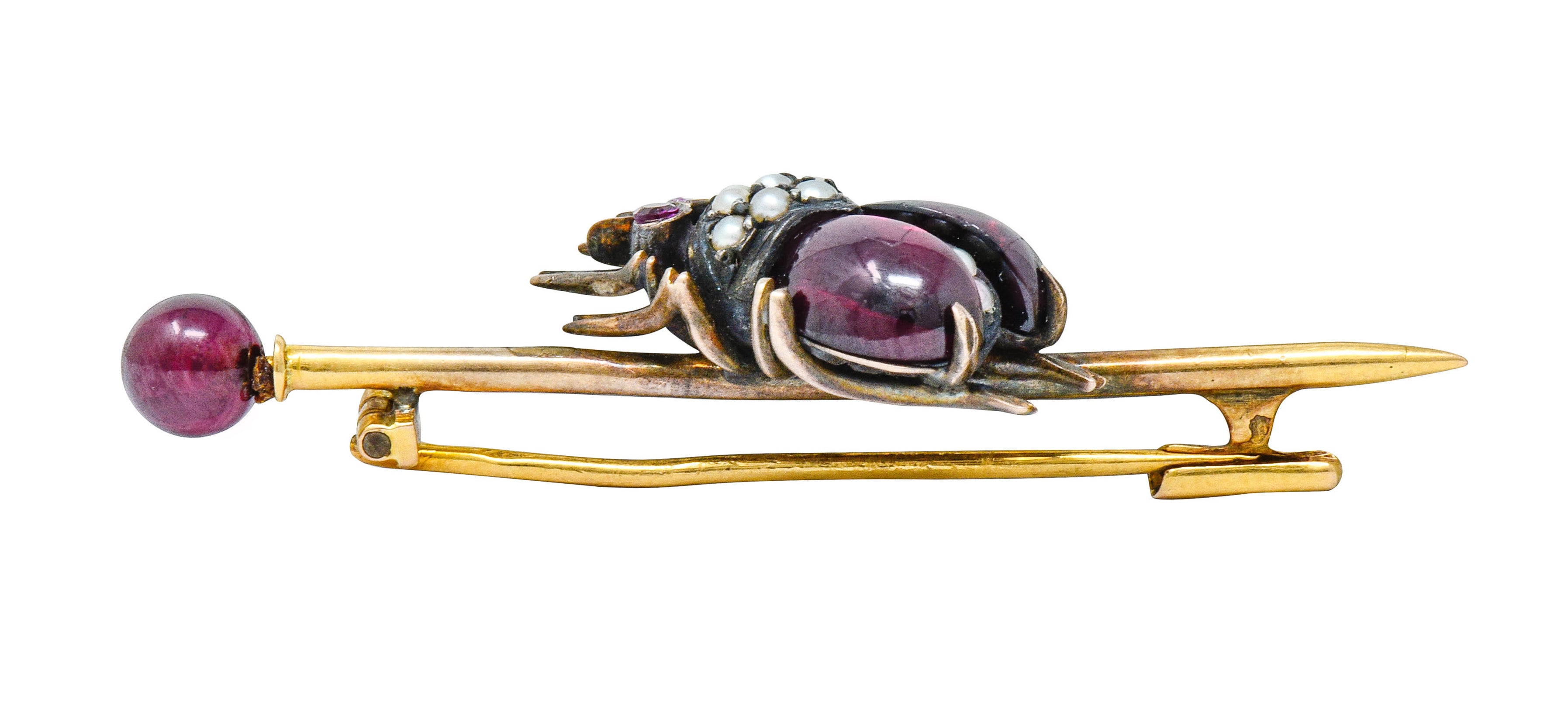 French Victorian Garnet Pearl Ruby Silver-Topped 18 Karat Gold Beetle Bar BroochBrooch - Wilson's Estate Jewelry