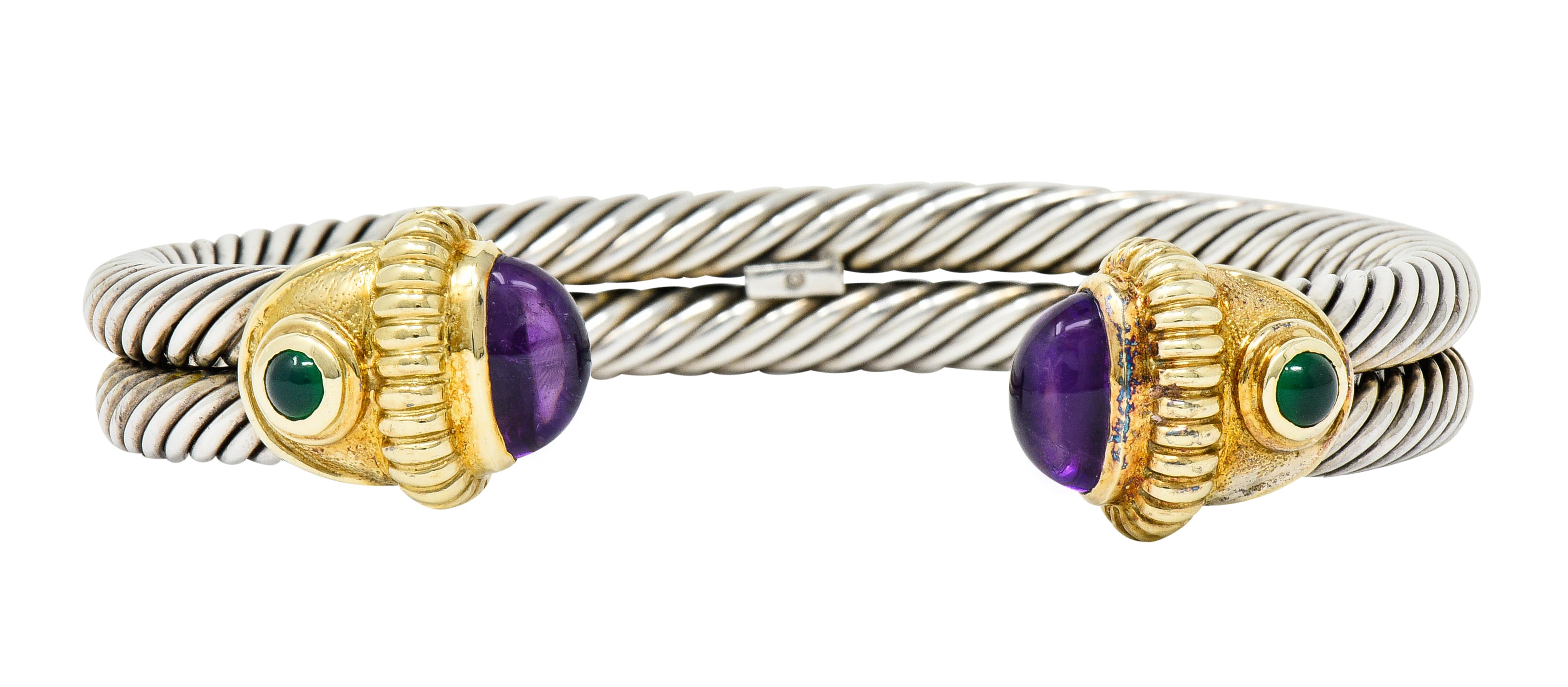 David Yurman Amethyst Chrysoprase 14 Karat Gold Sterling Silver Cable Cuffbracelet - Wilson's Estate Jewelry