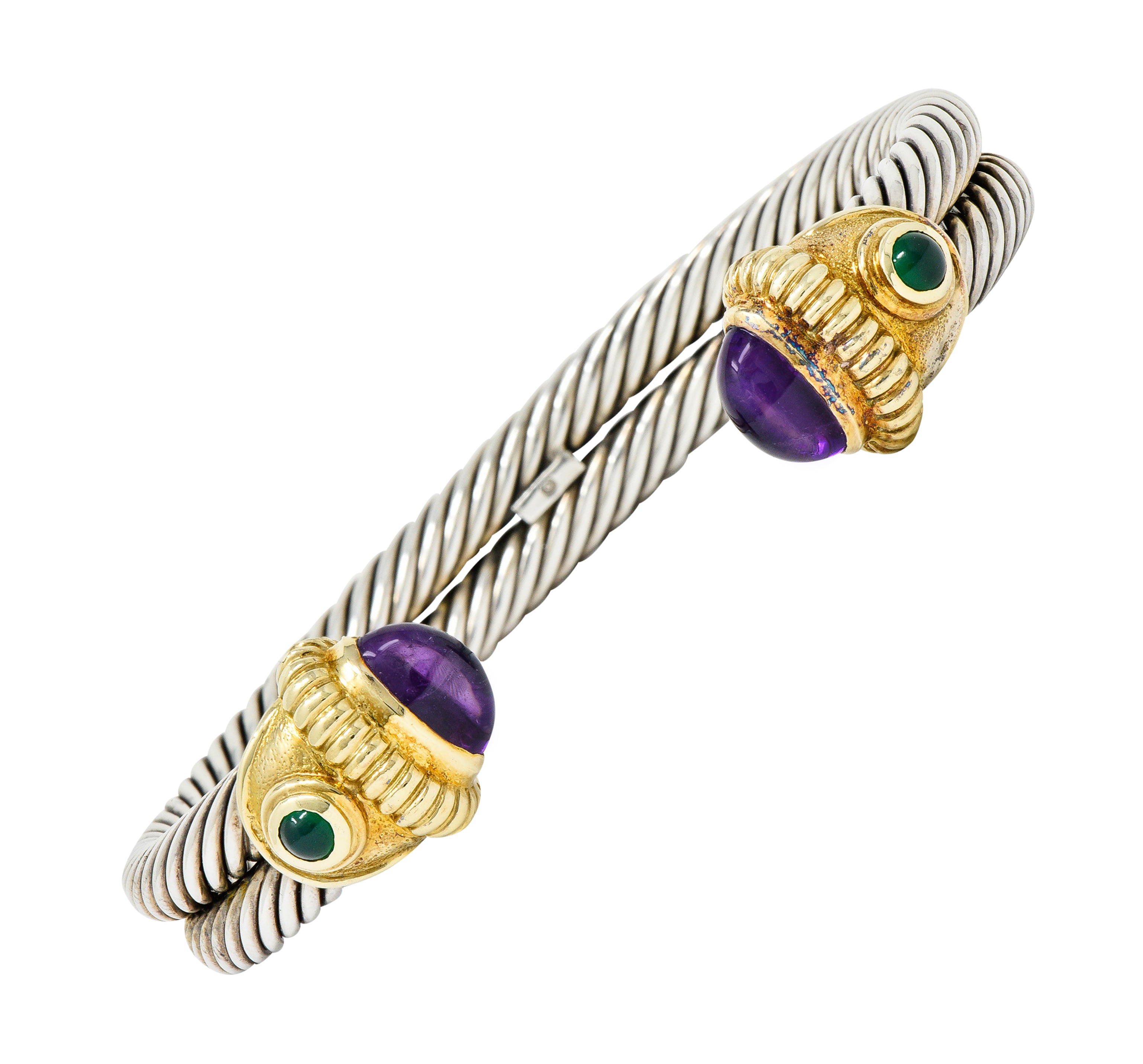 David Yurman Amethyst Chrysoprase 14 Karat Gold Sterling Silver Cable Cuffbracelet - Wilson's Estate Jewelry