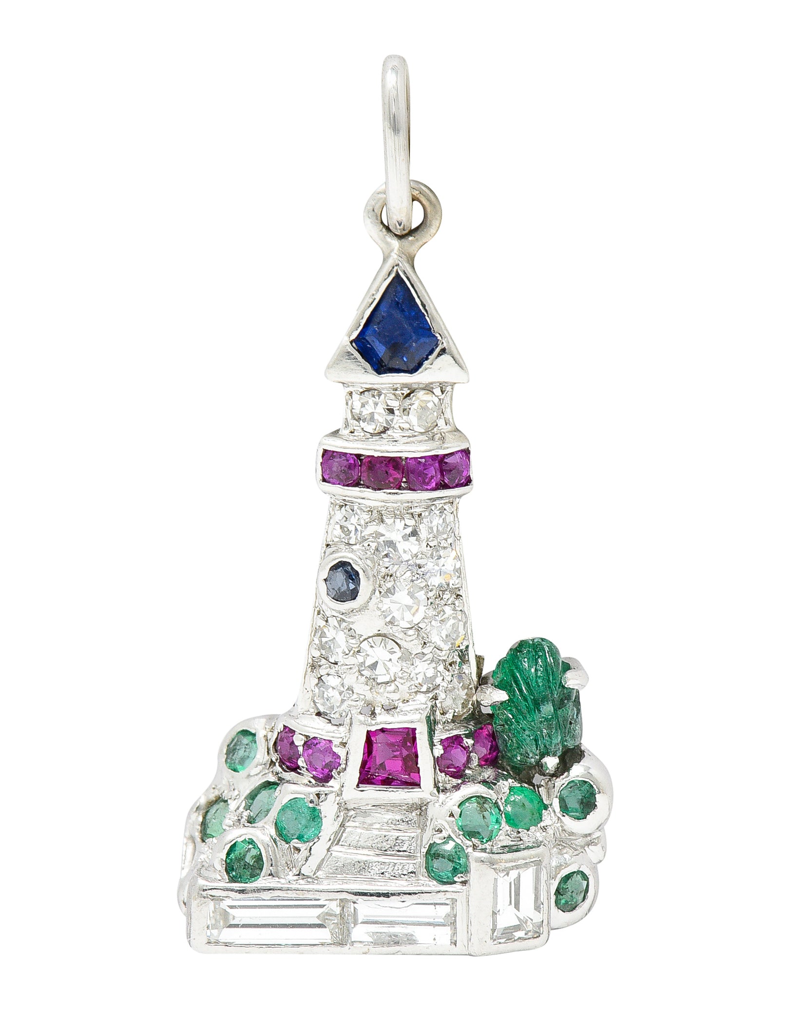 Art Deco 1.07 CTW Diamond Sapphire Emerald Ruby Platinum Lighthouse Charm Wilson's Estate Jewelry