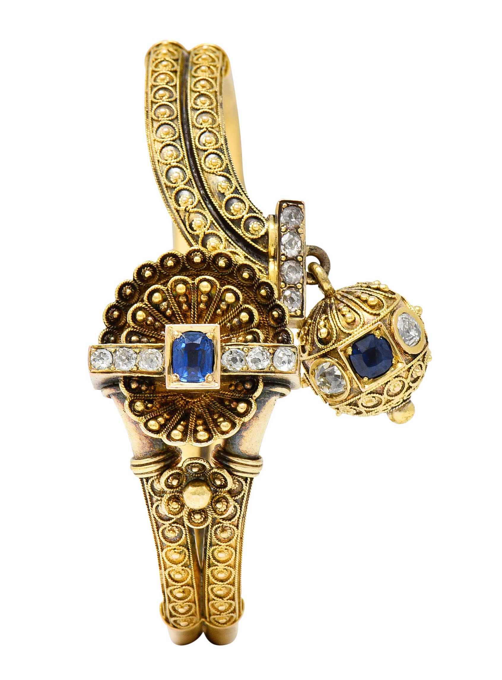 Victorian Etruscan Revival Sapphire Diamond 14 Karat Gold Cuff Braceletbracelet - Wilson's Estate Jewelry