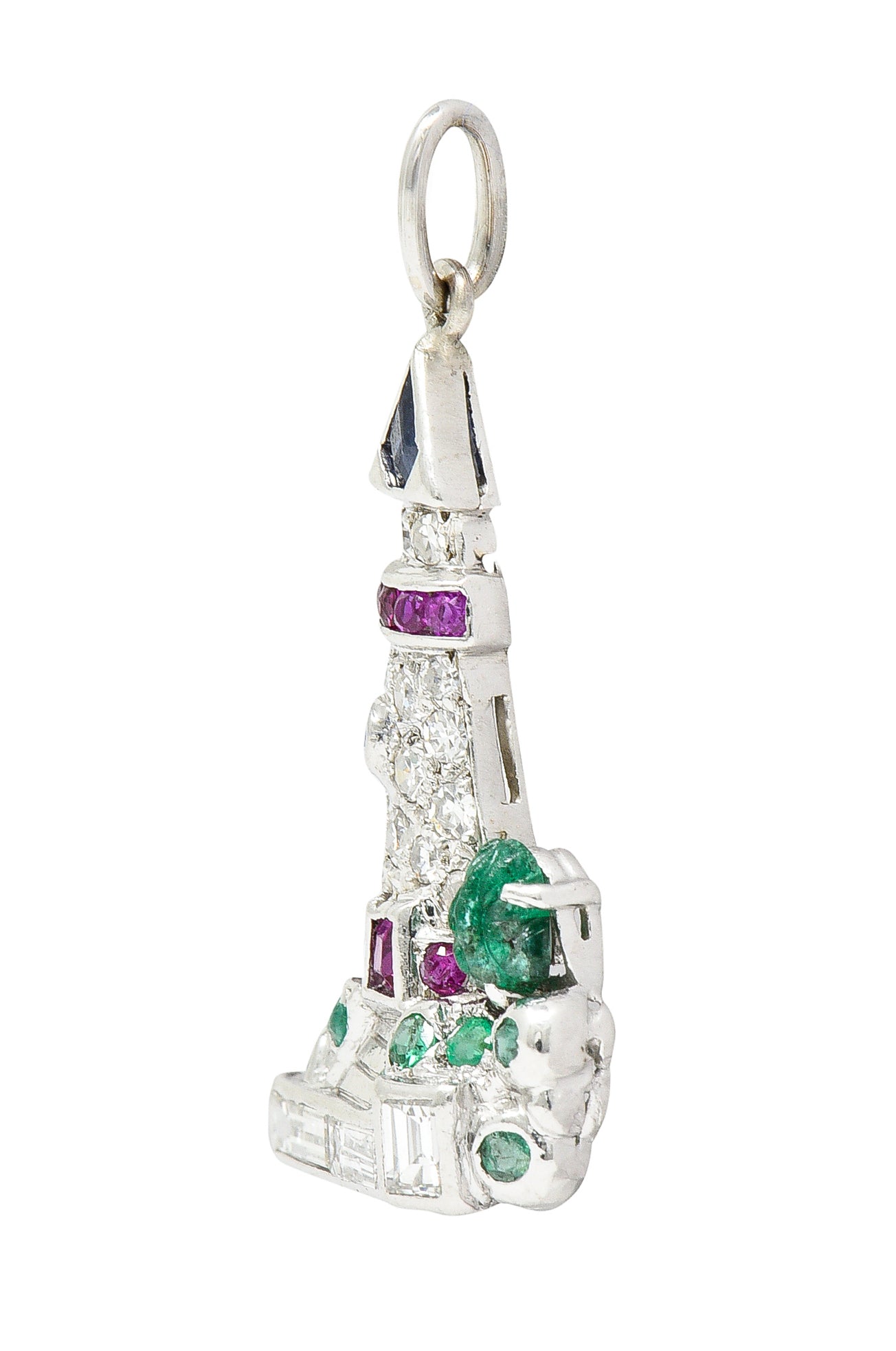 Art Deco 1.07 CTW Diamond Sapphire Emerald Ruby Platinum Lighthouse Charm Wilson's Estate Jewelry