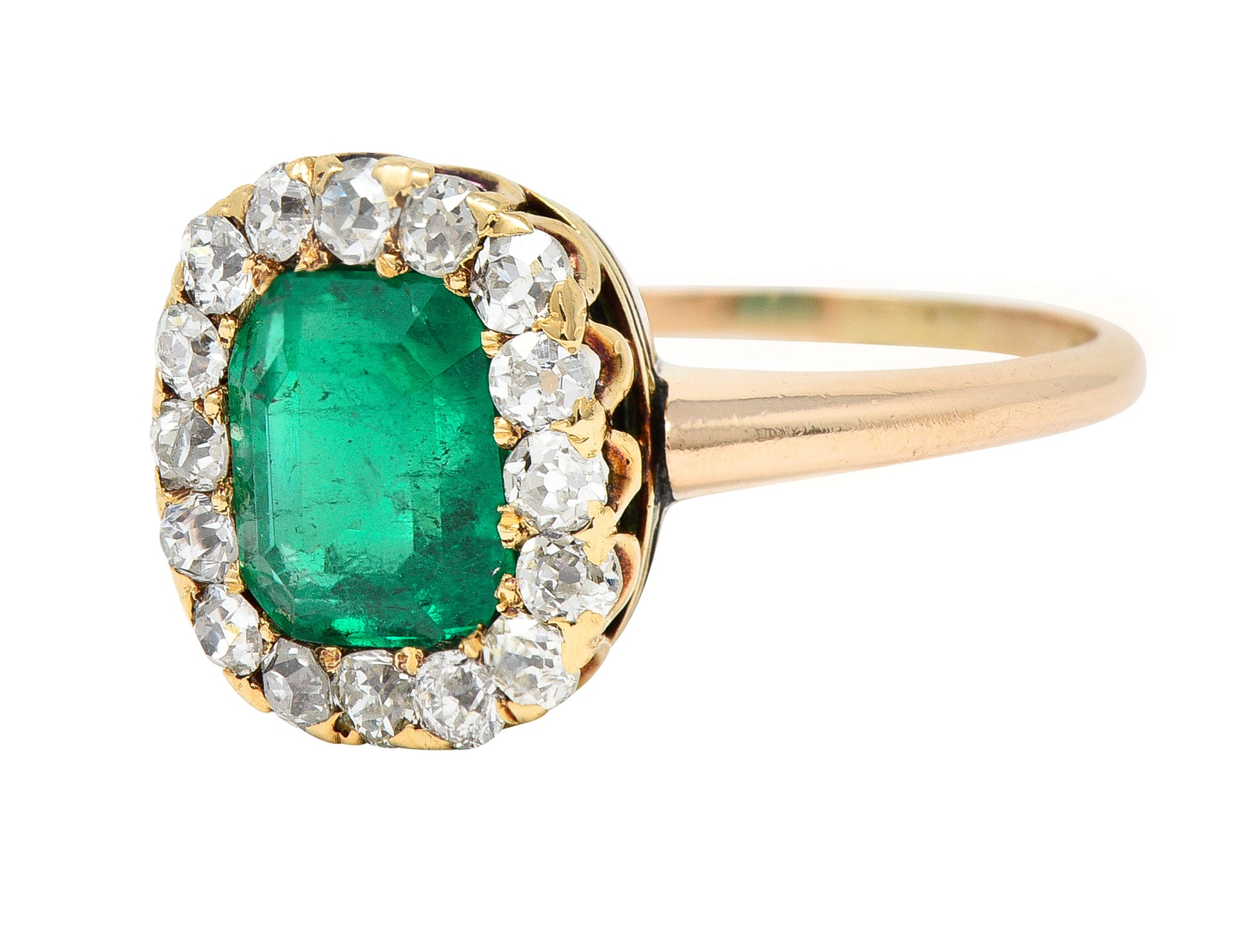 Victorian 2.51 CTW Colombian Emerald Diamond 14 Karat Yellow Gold Halo Ring GIA