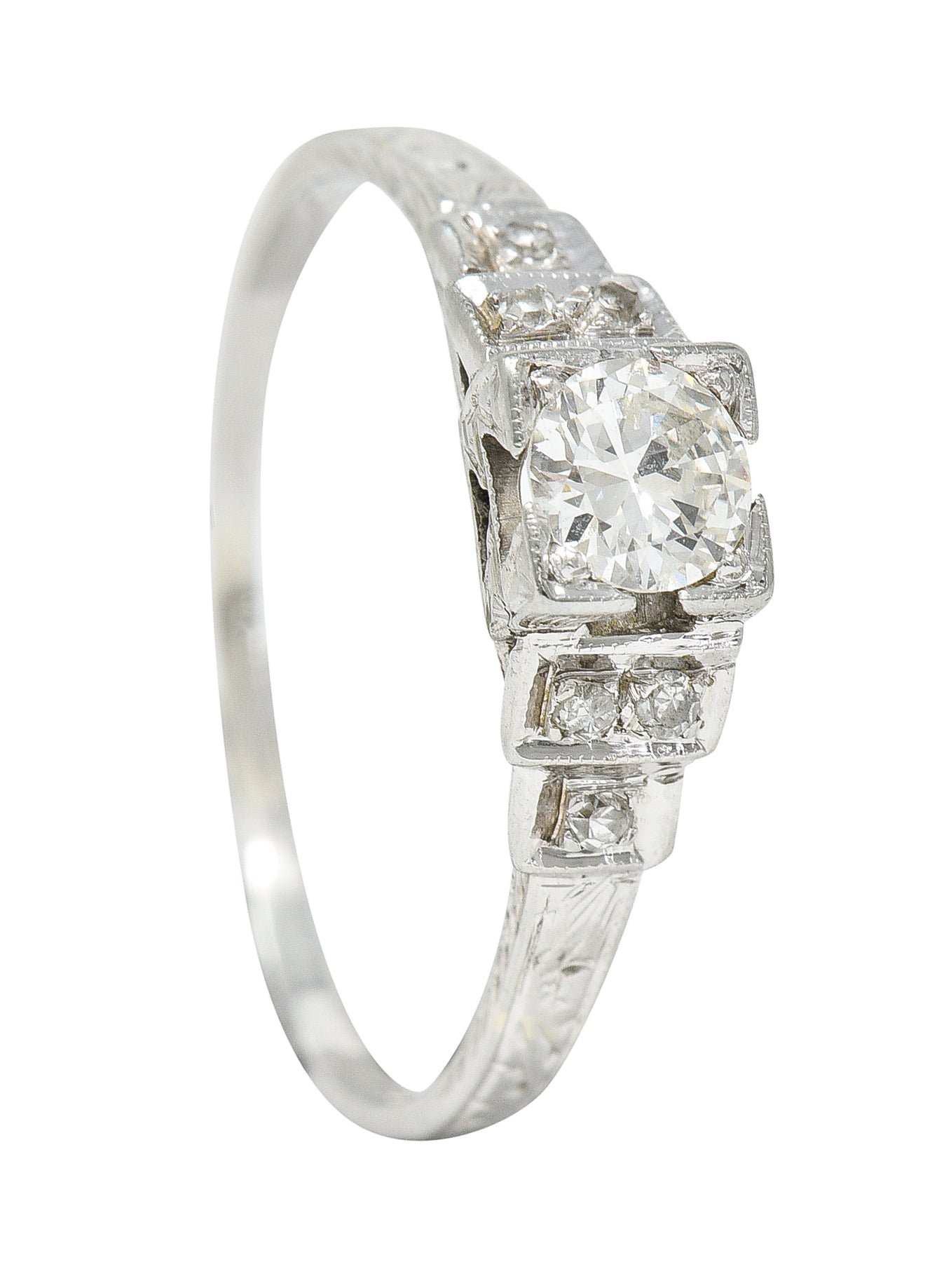 Art Deco 0.40 CTW Diamond 18 Karat White Gold Stepped Shoulder Engagement Ring Wilson's Estate Jewelry