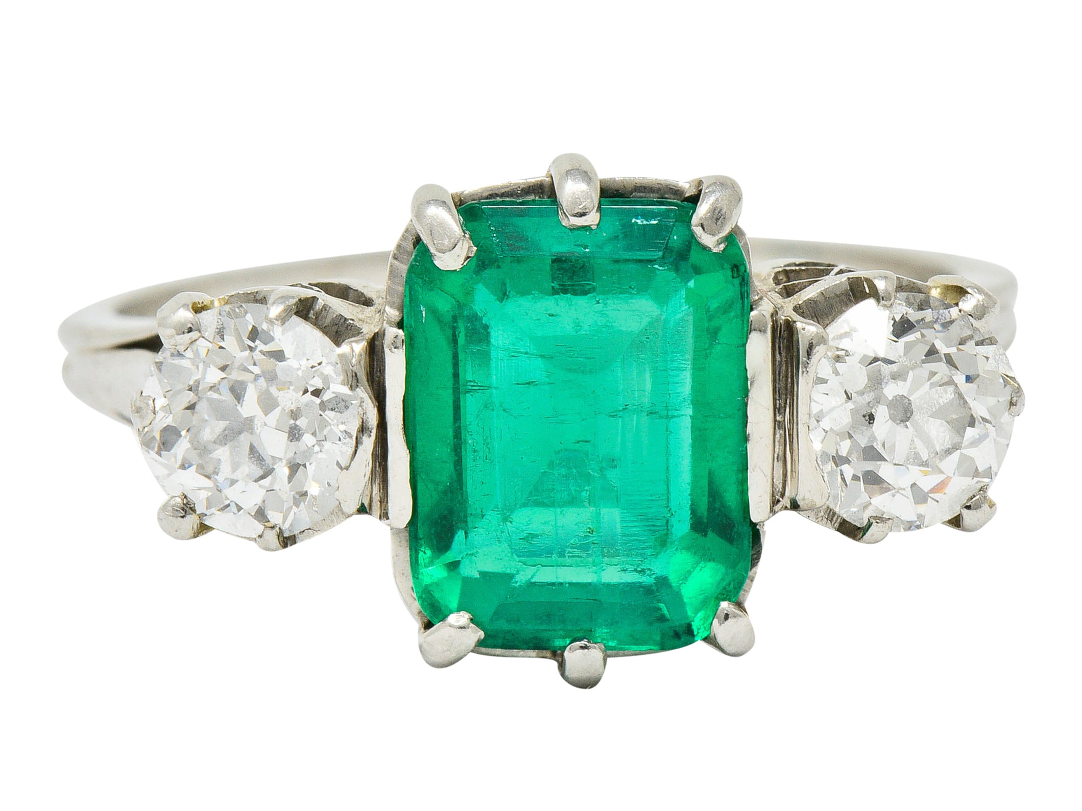 Edwardian 2.80 CTW Colombian Emerald Diamond Platinum Three Stone Ring GIARing - Wilson's Estate Jewelry