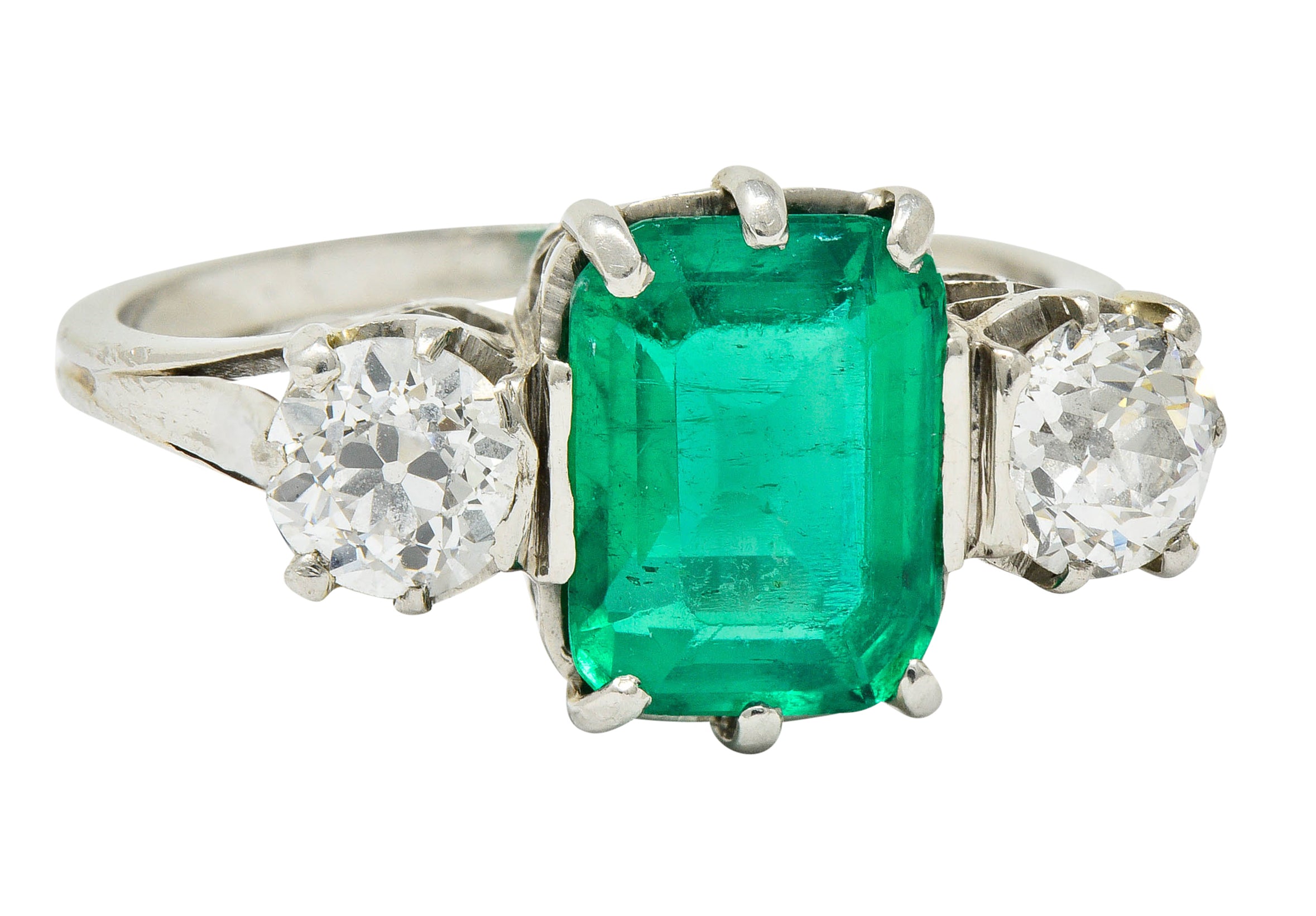 Edwardian 2.80 CTW Colombian Emerald Diamond Platinum Three Stone Ring GIARing - Wilson's Estate Jewelry