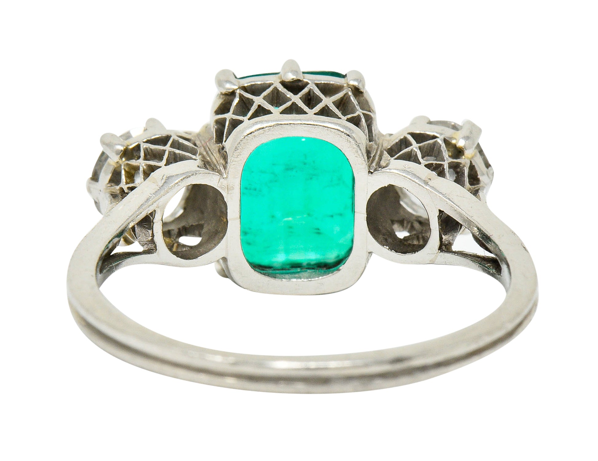 Edwardian 2.80 CTW Colombian Emerald Diamond Platinum Three Stone Ring GIARing - Wilson's Estate Jewelry