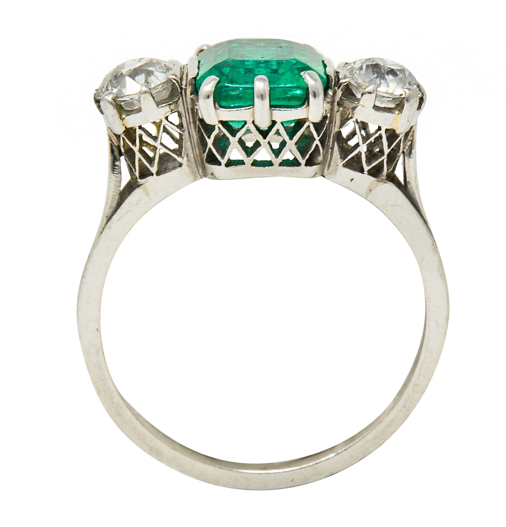 Edwardian 2.80 CTW Colombian Emerald Diamond Platinum Three Stone Ring GIARing - Wilson's Estate Jewelry